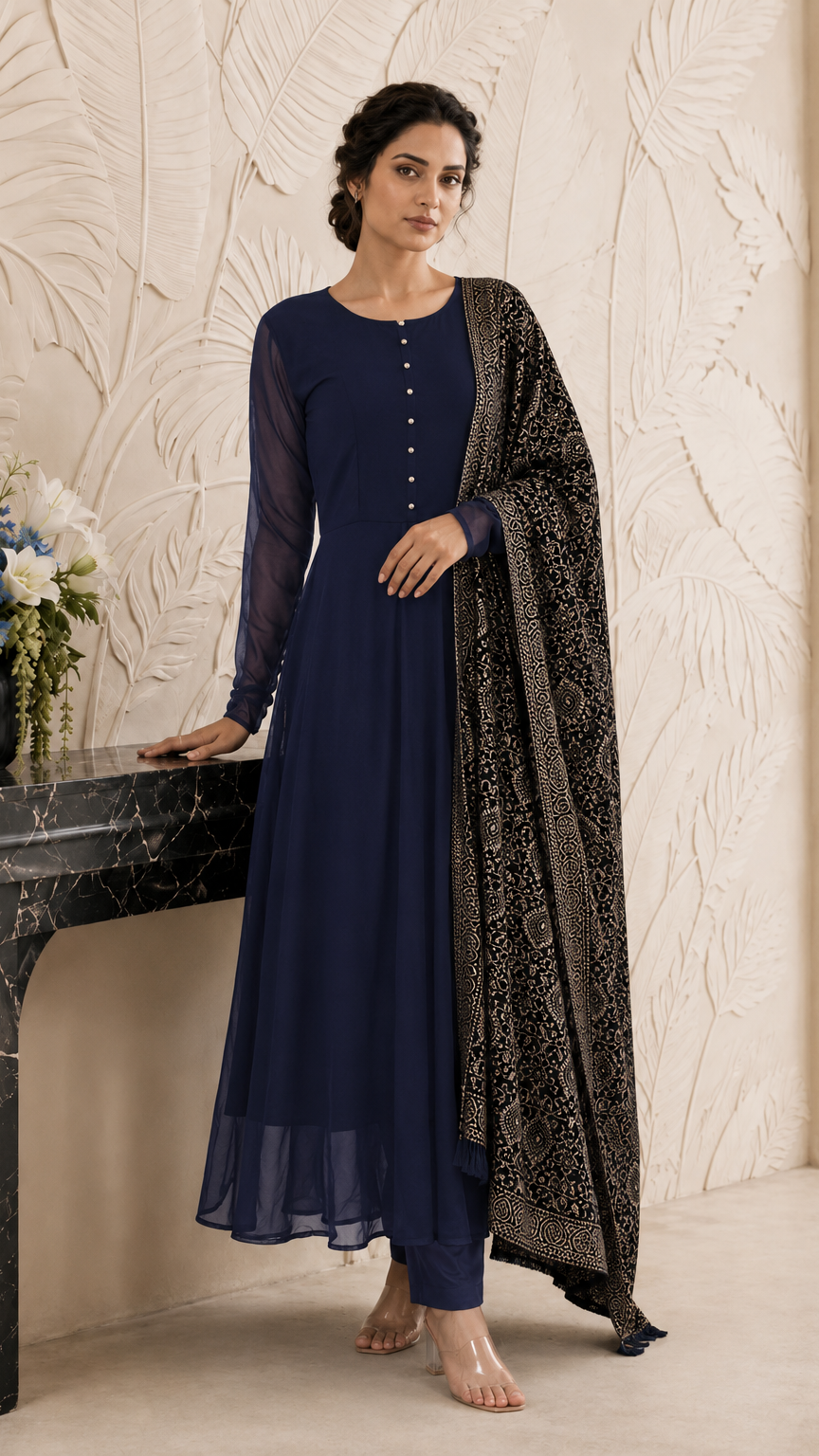 Navy blue women’s Anarkali salwar kameez suit with matching trousers and black gold printed dupatta, elegant Asian ethnic wear by Diya Online