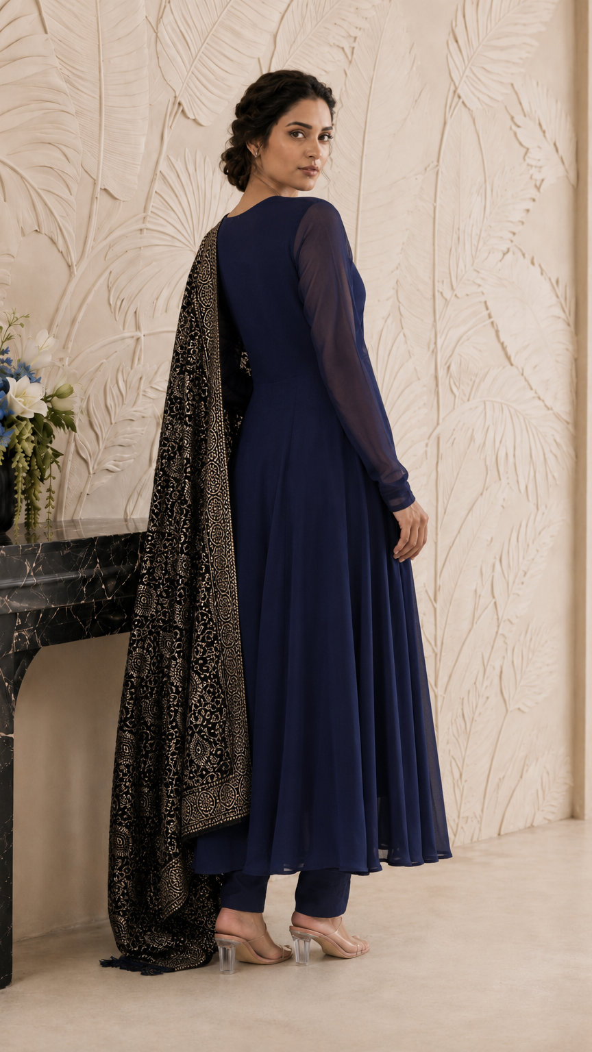 Navy blue women’s Anarkali salwar kameez suit with matching trousers and black gold printed dupatta, elegant Asian ethnic wear by Diya Online