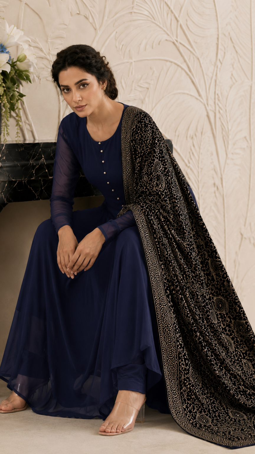 Navy blue women’s Anarkali salwar kameez suit with matching trousers and black gold printed dupatta, elegant Asian ethnic wear by Diya Online