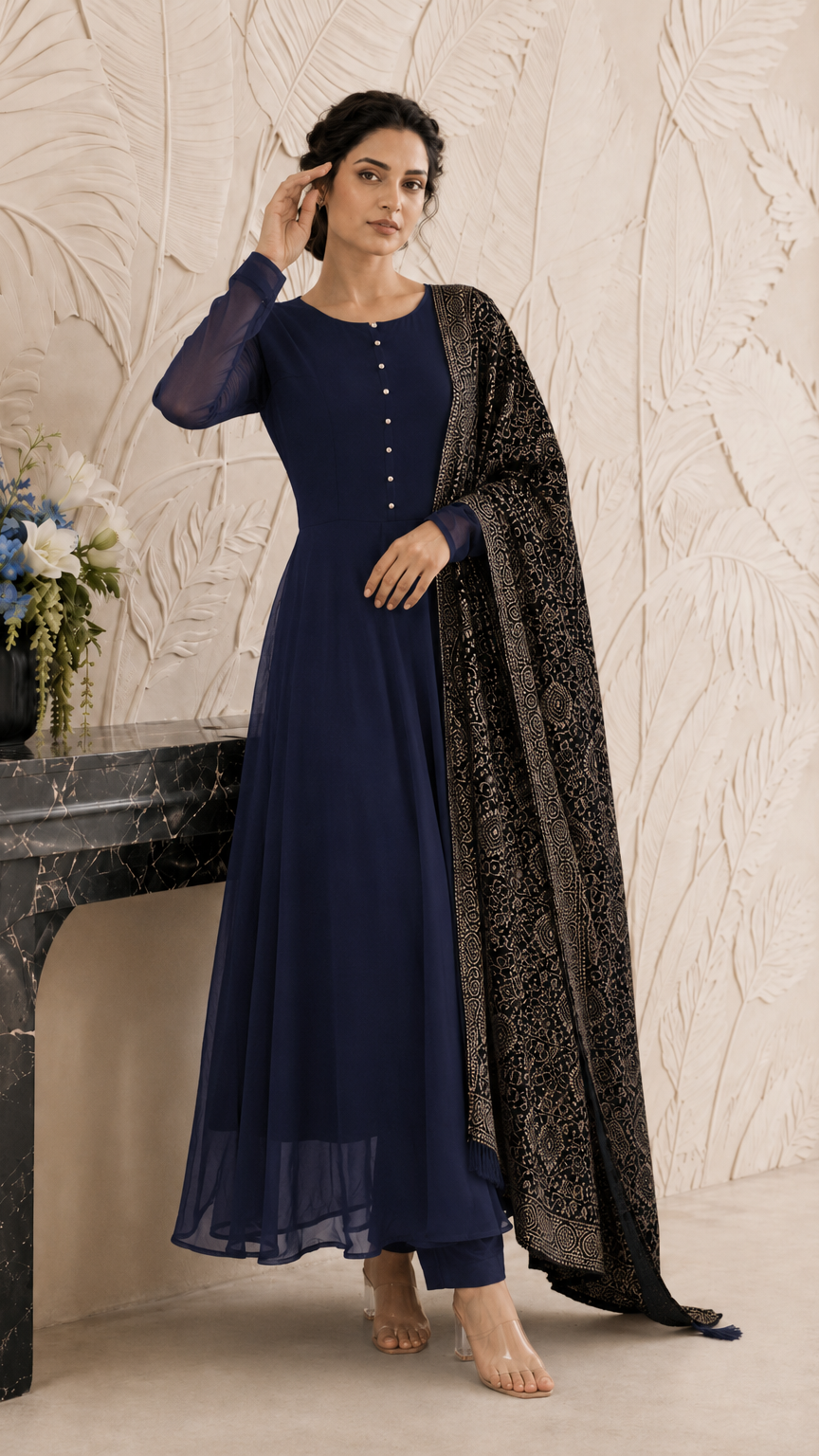 Navy blue women’s Anarkali salwar kameez suit with matching trousers and black gold printed dupatta, elegant Asian ethnic wear by Diya Online
