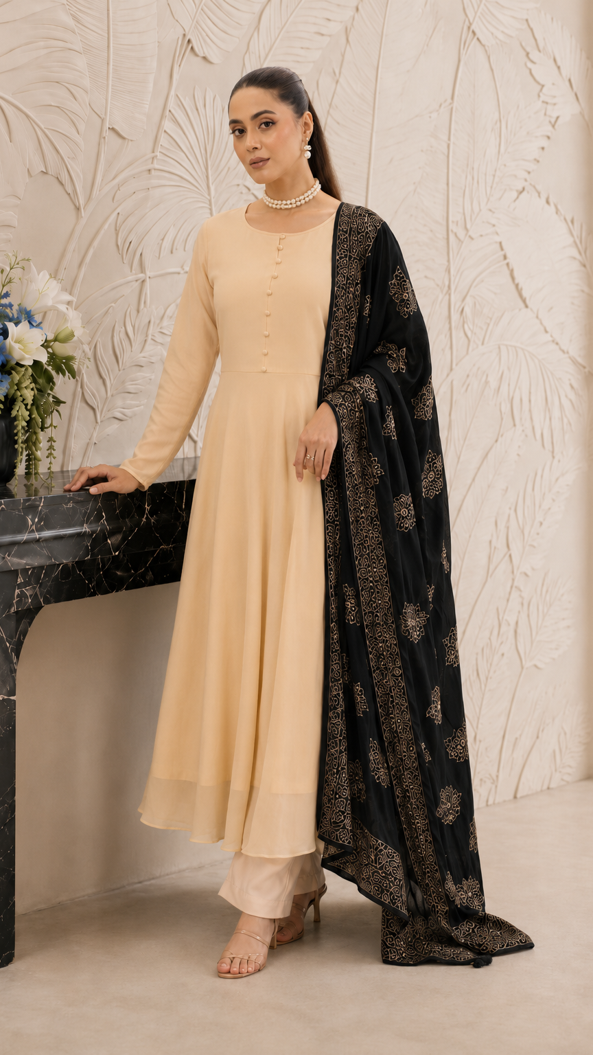 Cream women’s Anarkali salwar kameez suit with matching trousers and black gold printed dupatta, elegant Asian ethnic wear by Diya Online