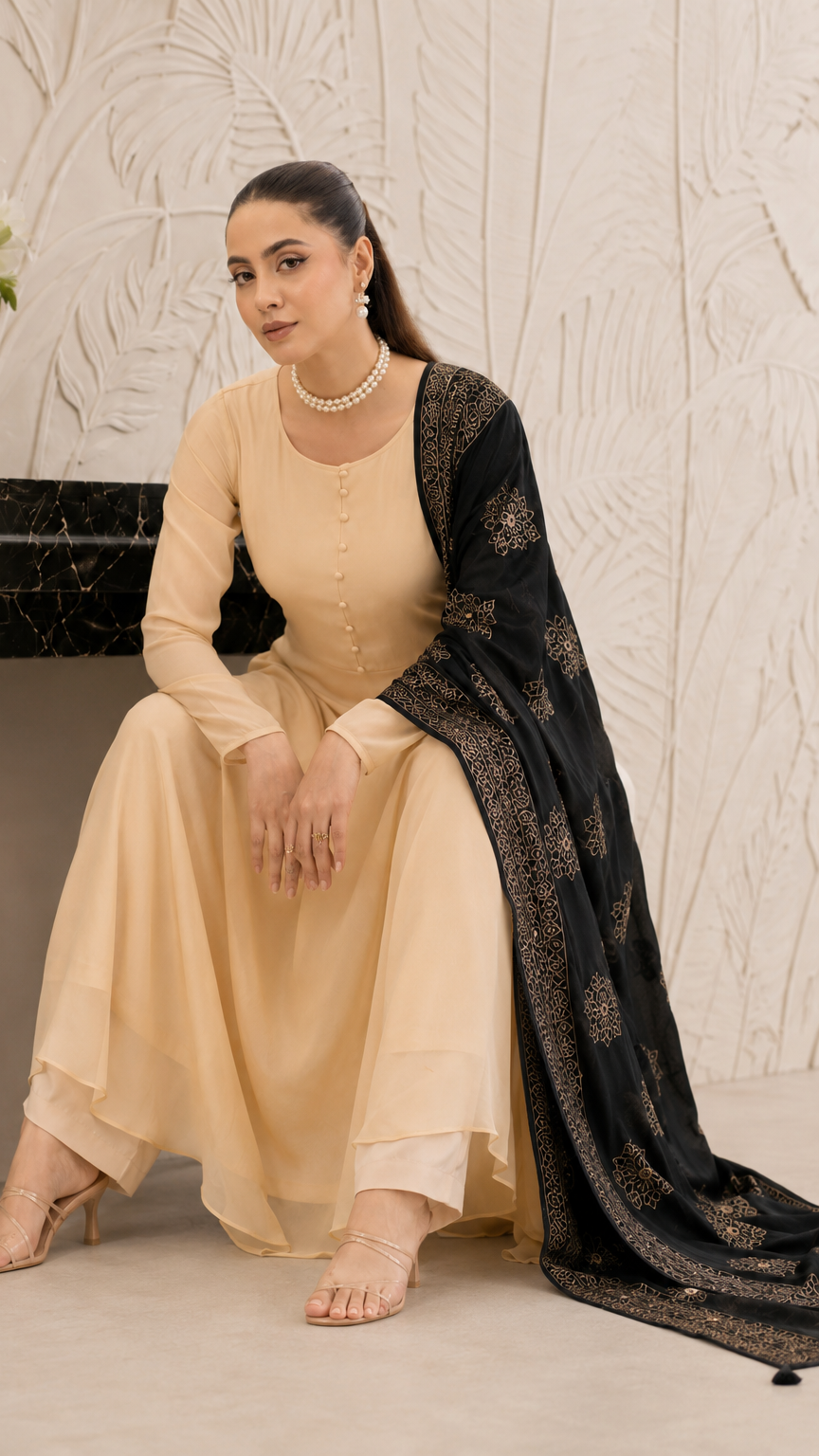 Cream women’s Anarkali salwar kameez suit with matching trousers and black gold printed dupatta, elegant Asian ethnic wear by Diya Online