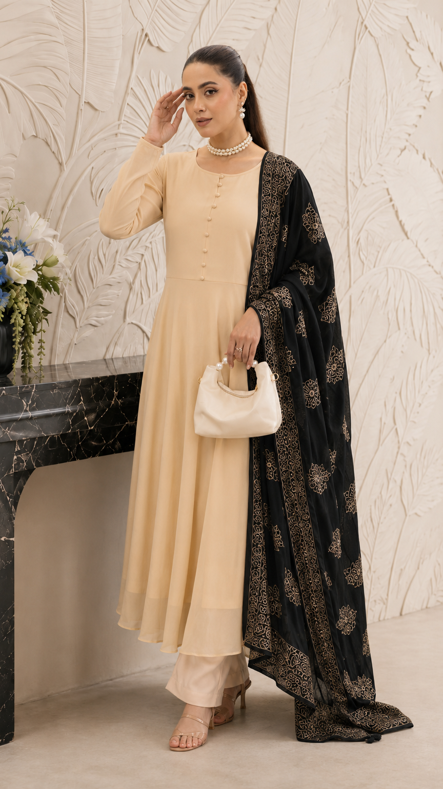 Cream women’s Anarkali salwar kameez suit with matching trousers and black gold printed dupatta, elegant Asian ethnic wear by Diya Online