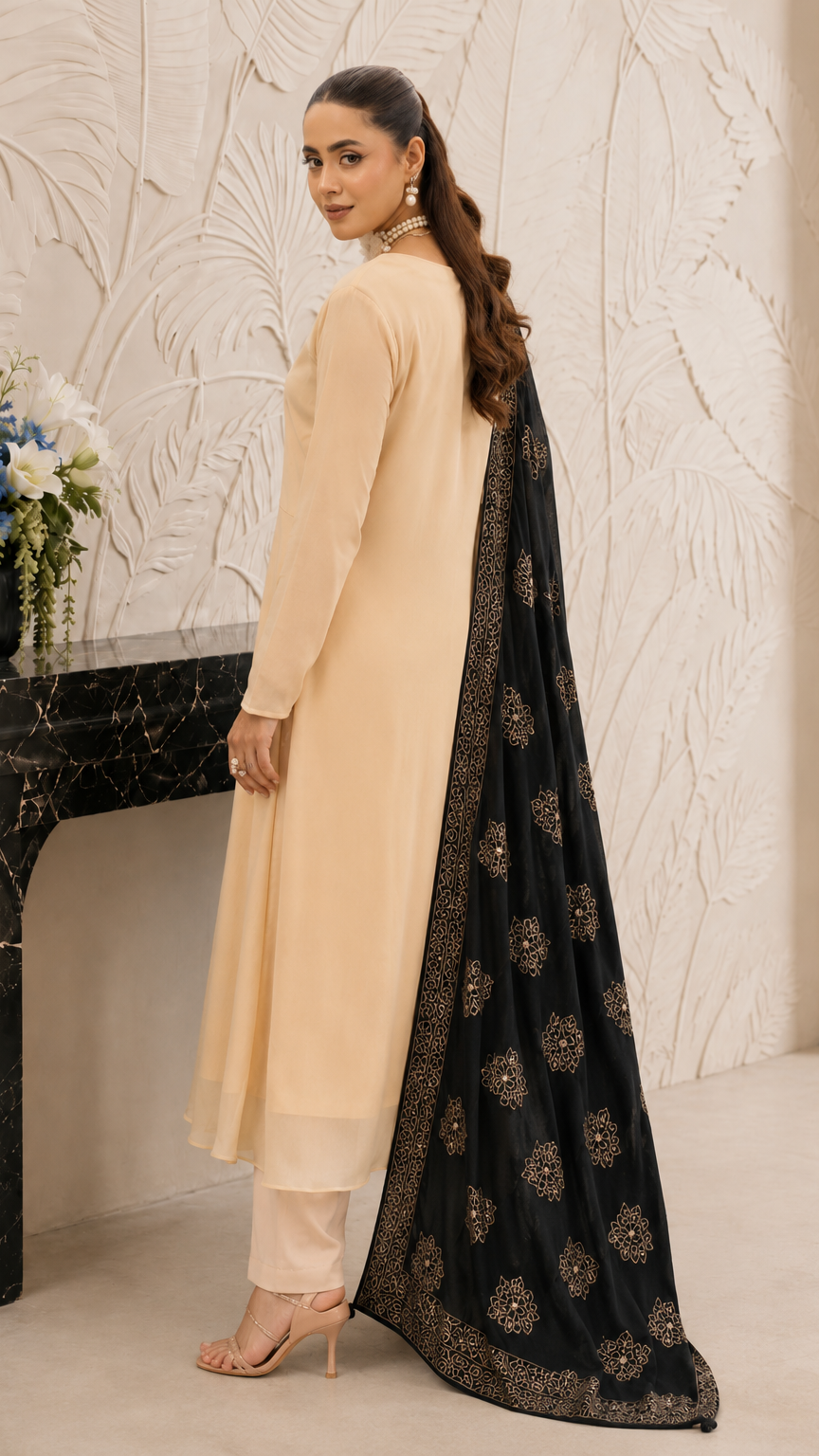 Cream women’s Anarkali salwar kameez suit with matching trousers and black gold printed dupatta, elegant Asian ethnic wear by Diya Online