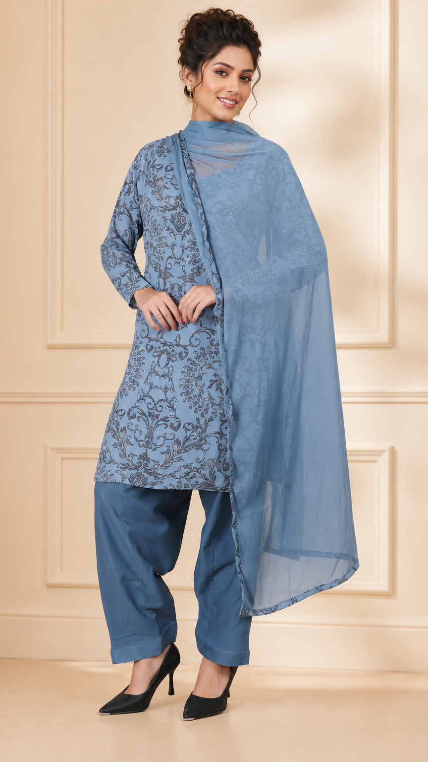Dusty blue women’s printed salwar kameez suit with matching trousers and sheer chiffon dupatta, modest Asian ethnic wear by Diya Online