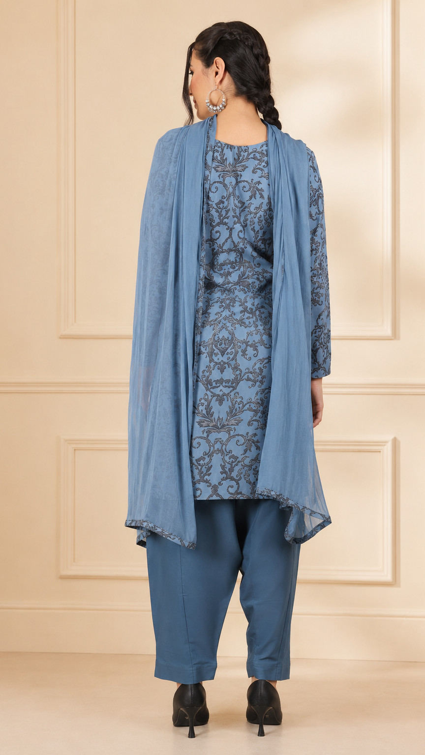Dusty blue women’s printed salwar kameez suit with matching trousers and sheer chiffon dupatta, modest Asian ethnic wear by Diya Online