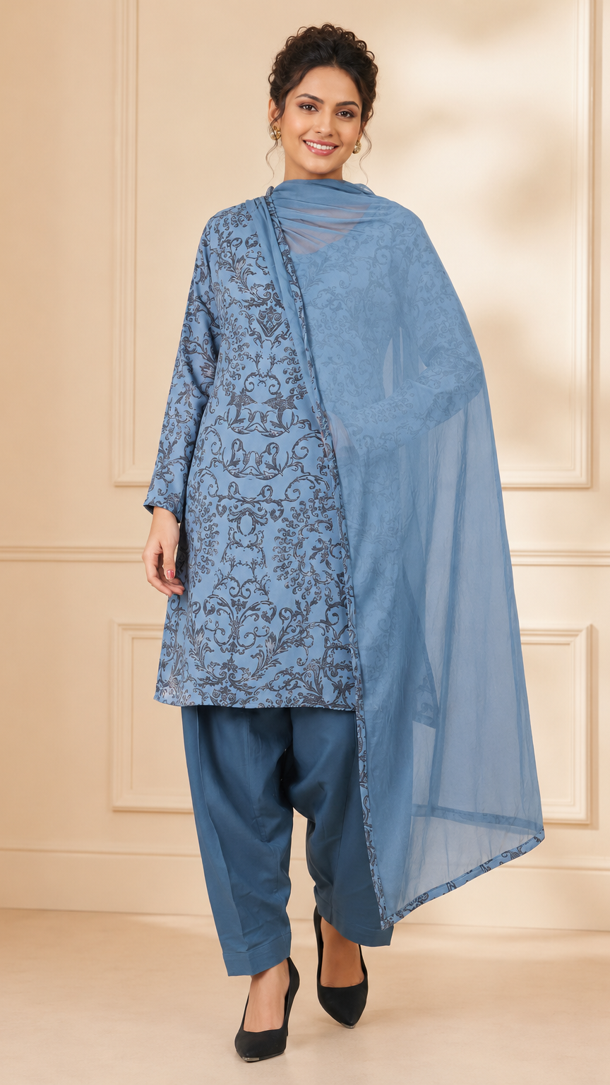 Dusty blue women’s printed salwar kameez suit with matching trousers and sheer chiffon dupatta, modest Asian ethnic wear by Diya Online