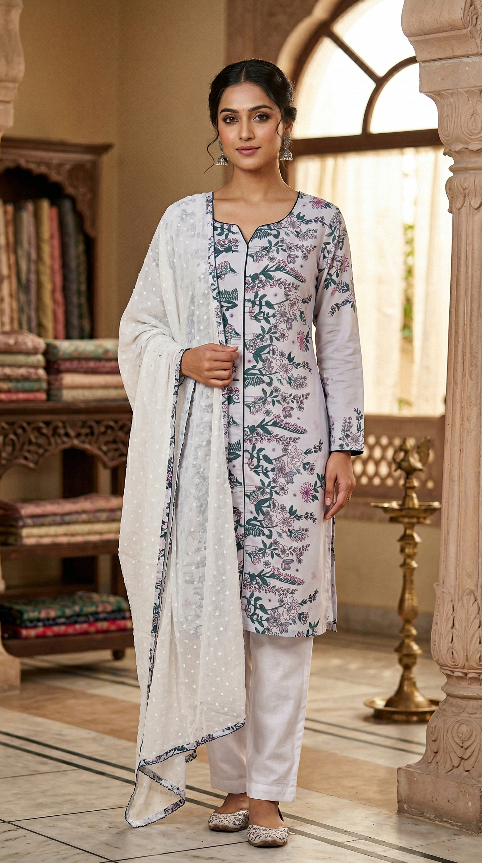 Elegant White Georgette Suit Set with Chiffon Dupatta