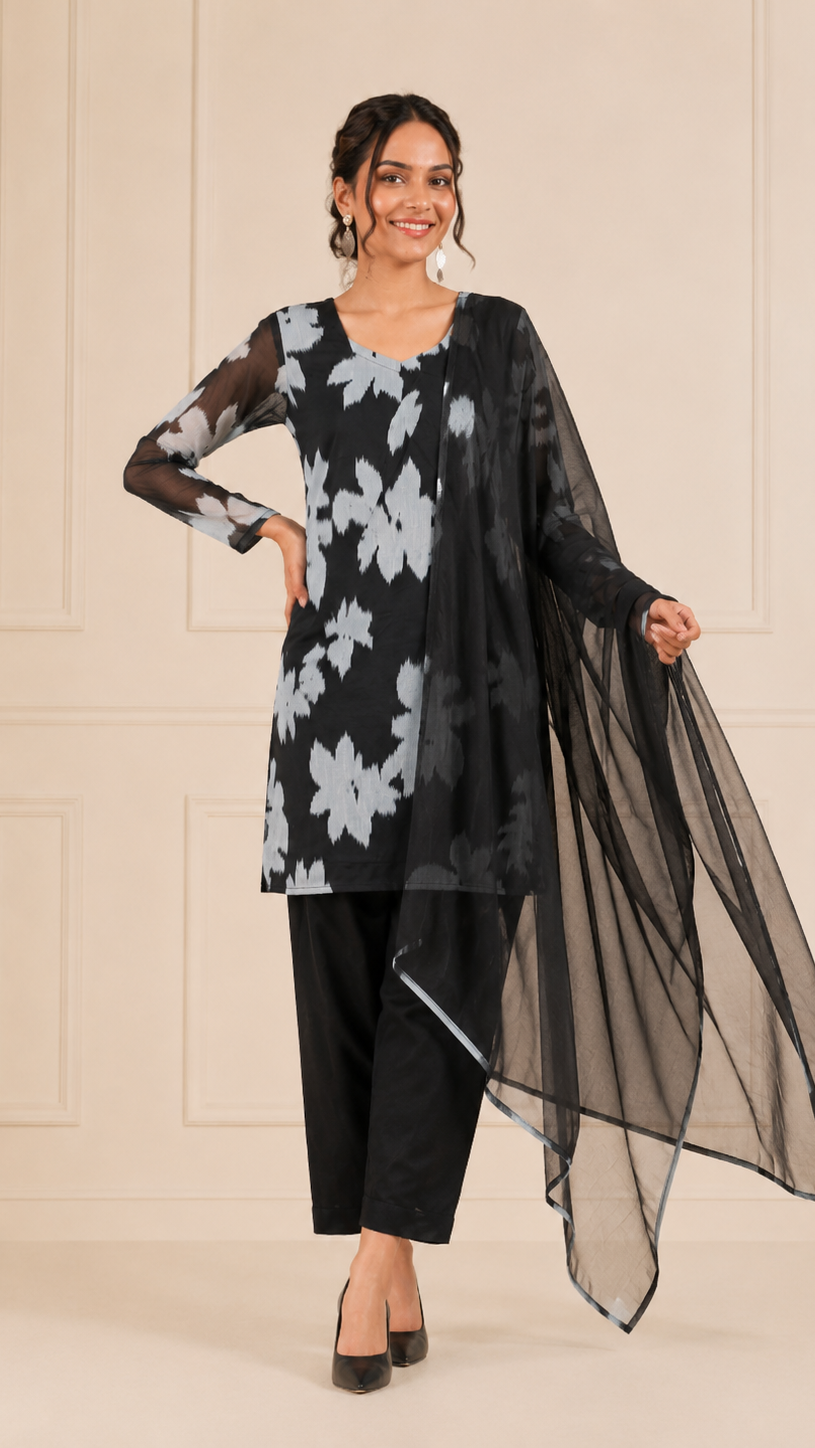 Black and light blue women’s printed salwar kameez suit with matching trousers and sheer black dupatta, modest Asian ethnic wear by Diya Online