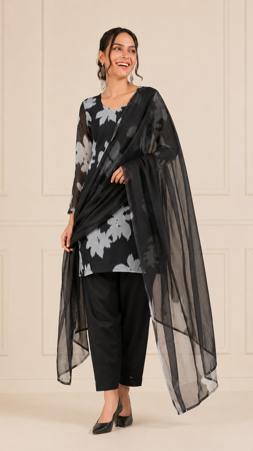 Black and light blue women’s printed salwar kameez suit with matching trousers and sheer black dupatta, modest Asian ethnic wear by Diya Online