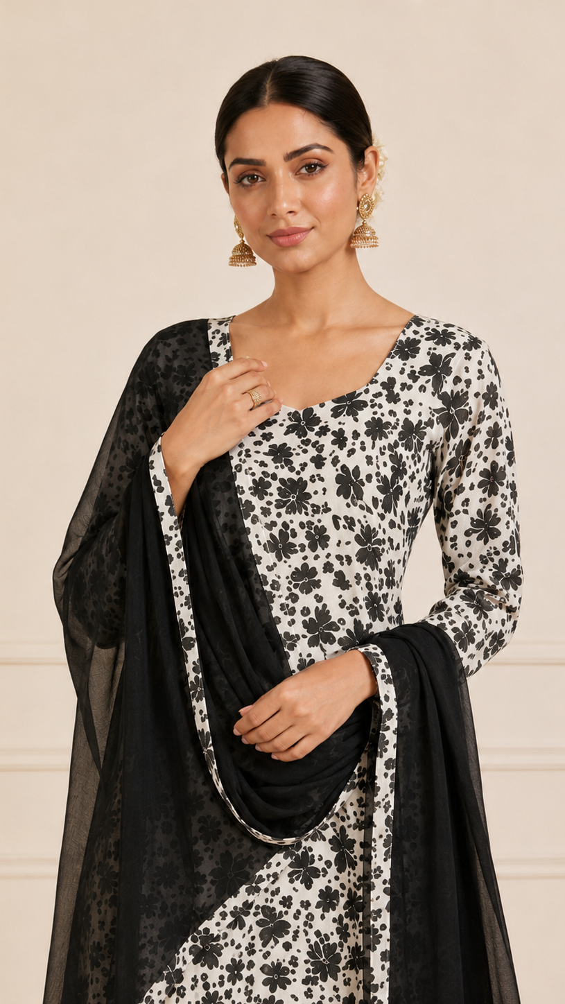 Black and white women’s floral salwar kameez suit with white trousers and sheer black dupatta, modest Asian ethnic wear by Diya Online