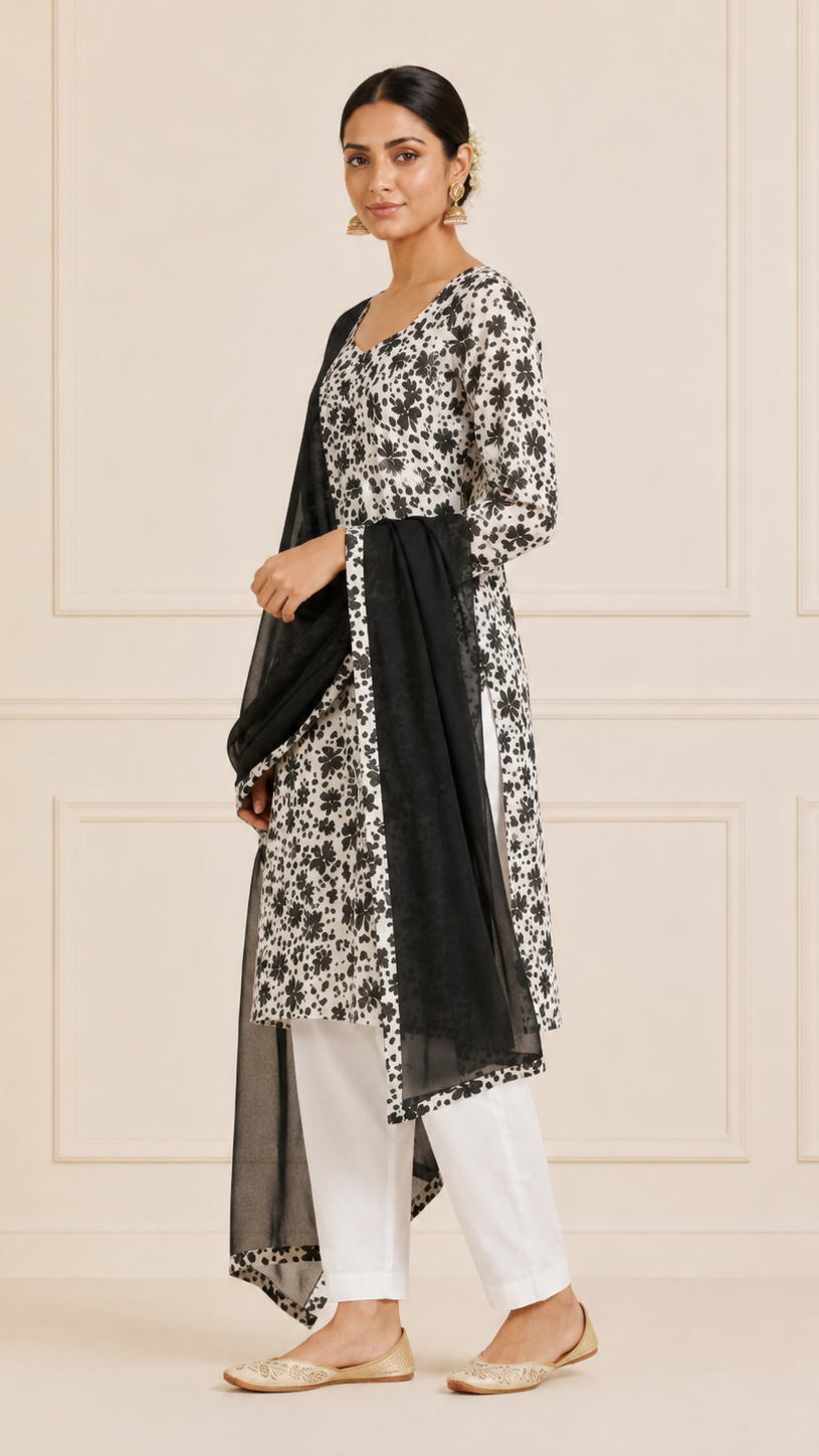 Black and white women’s floral salwar kameez suit with white trousers and sheer black dupatta, modest Asian ethnic wear by Diya Online