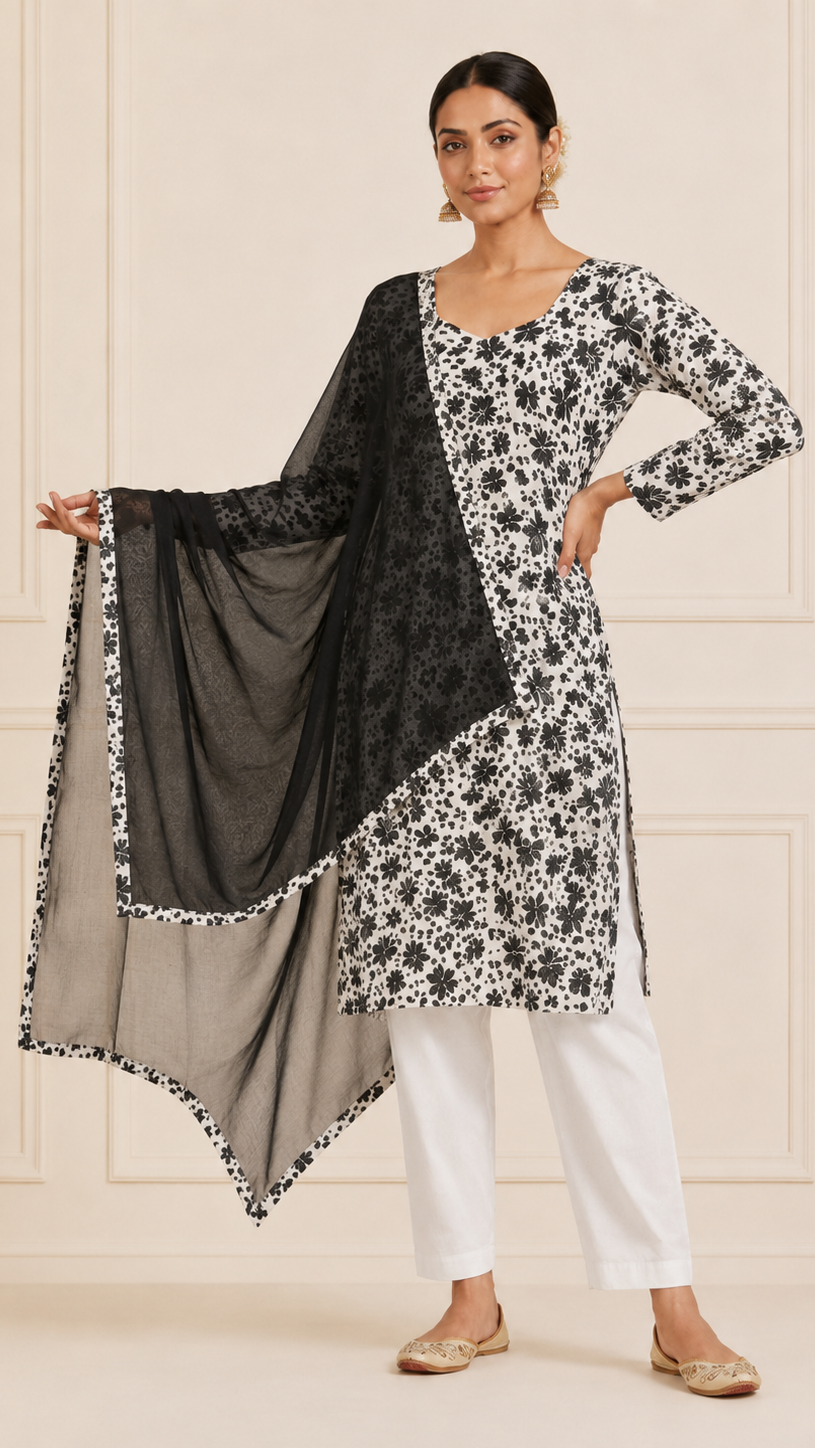 Black and white women’s floral salwar kameez suit with white trousers and sheer black dupatta, modest Asian ethnic wear by Diya Online