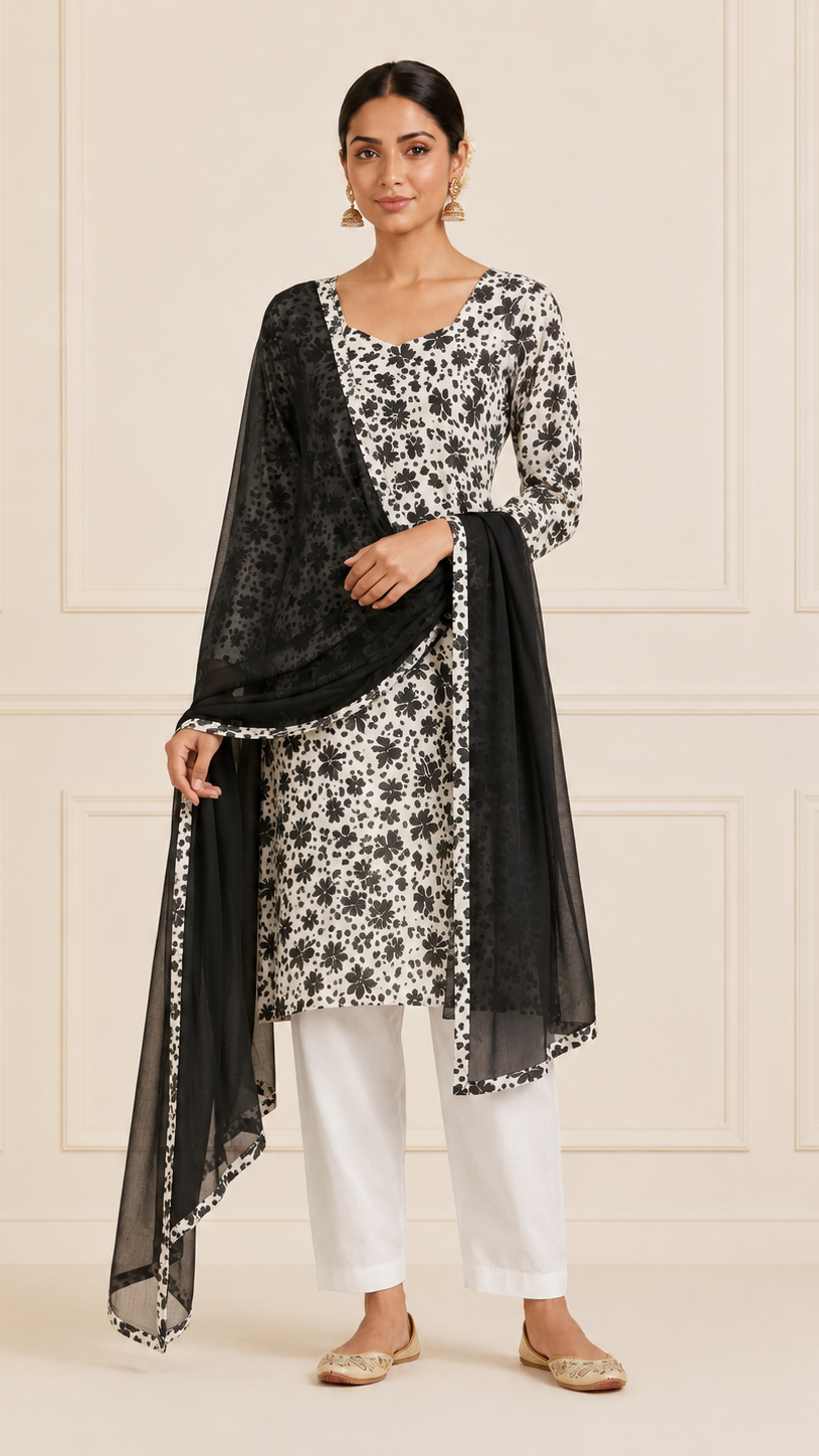 Black and white women’s floral salwar kameez suit with white trousers and sheer black dupatta, modest Asian ethnic wear by Diya Online