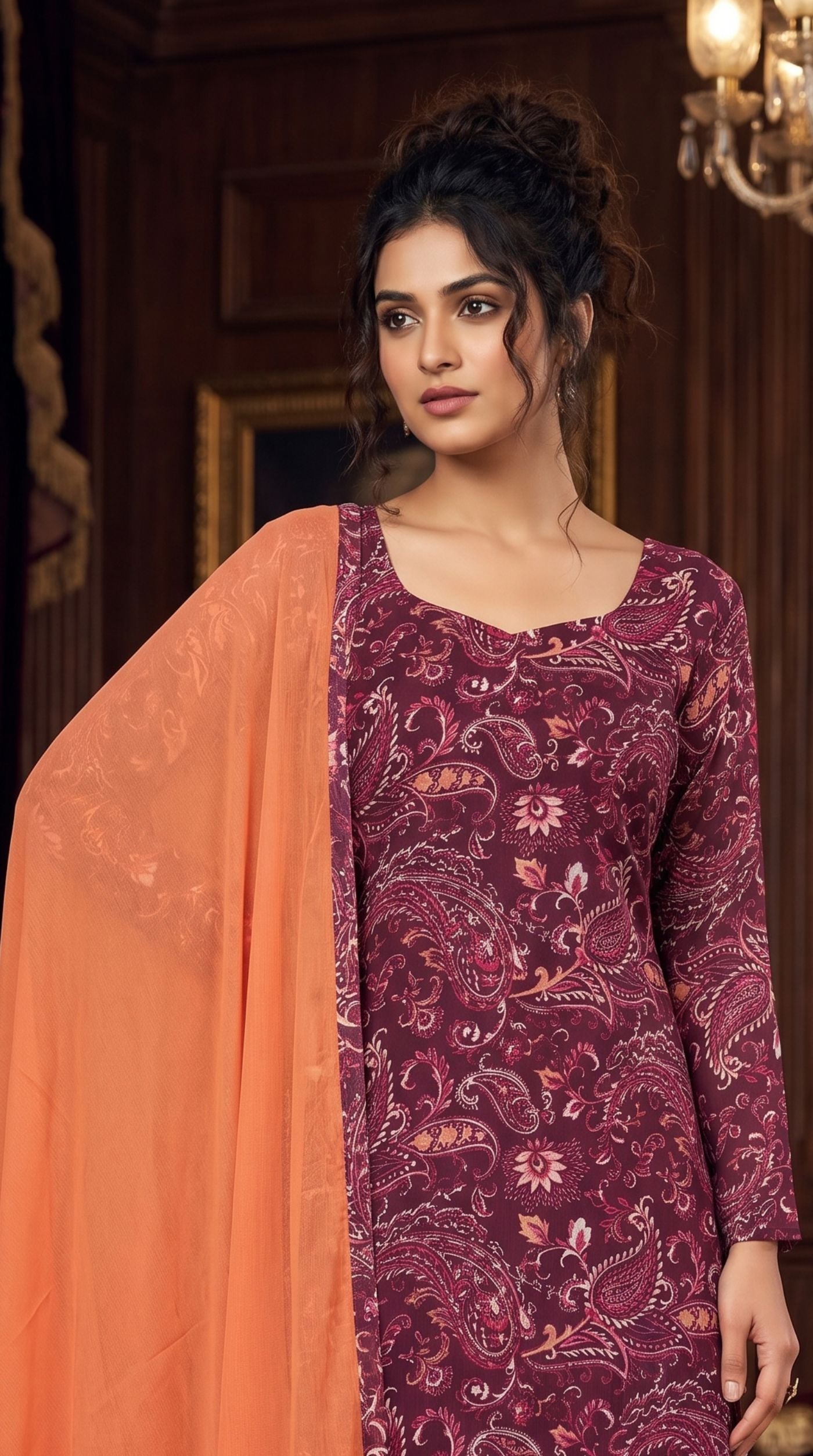 Wine Georgette Sweetheart Neckline Suit Set