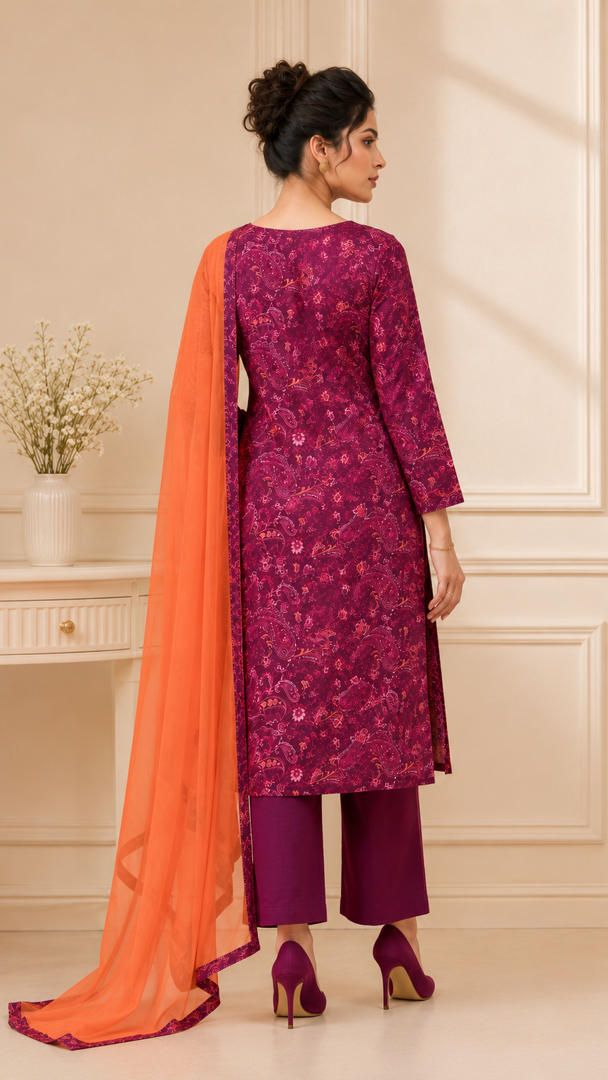 Discover elegant ethnic fashion at Diya Online with this wine paisley printed salwar kameez, matching trousers, and flowing orange chiffon dupatta.