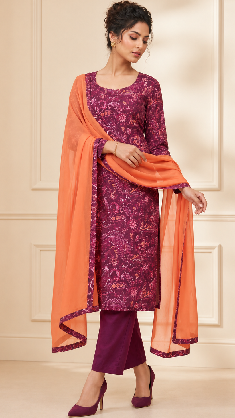 Discover elegant ethnic fashion at Diya Online with this wine paisley printed salwar kameez, matching trousers, and flowing orange chiffon dupatta.
