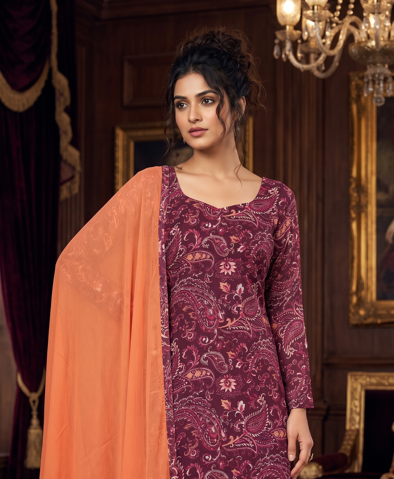 Wine Georgette Sweetheart NecklineSuit Set