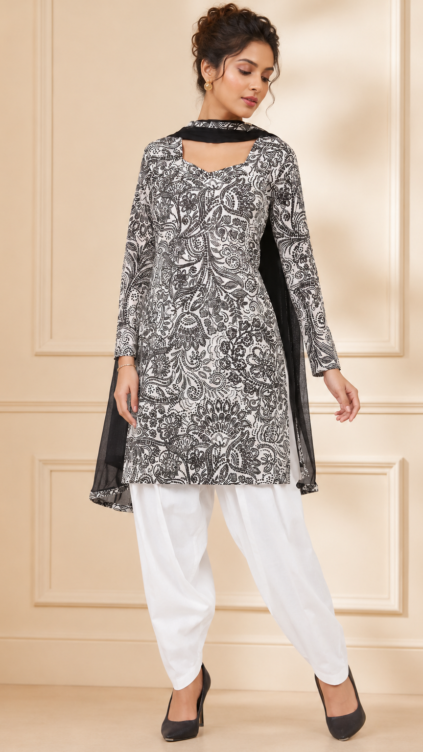 Black and white paisley printed salwar kameez suit with white trousers and black dupatta, modest Asian wear by Diya Online