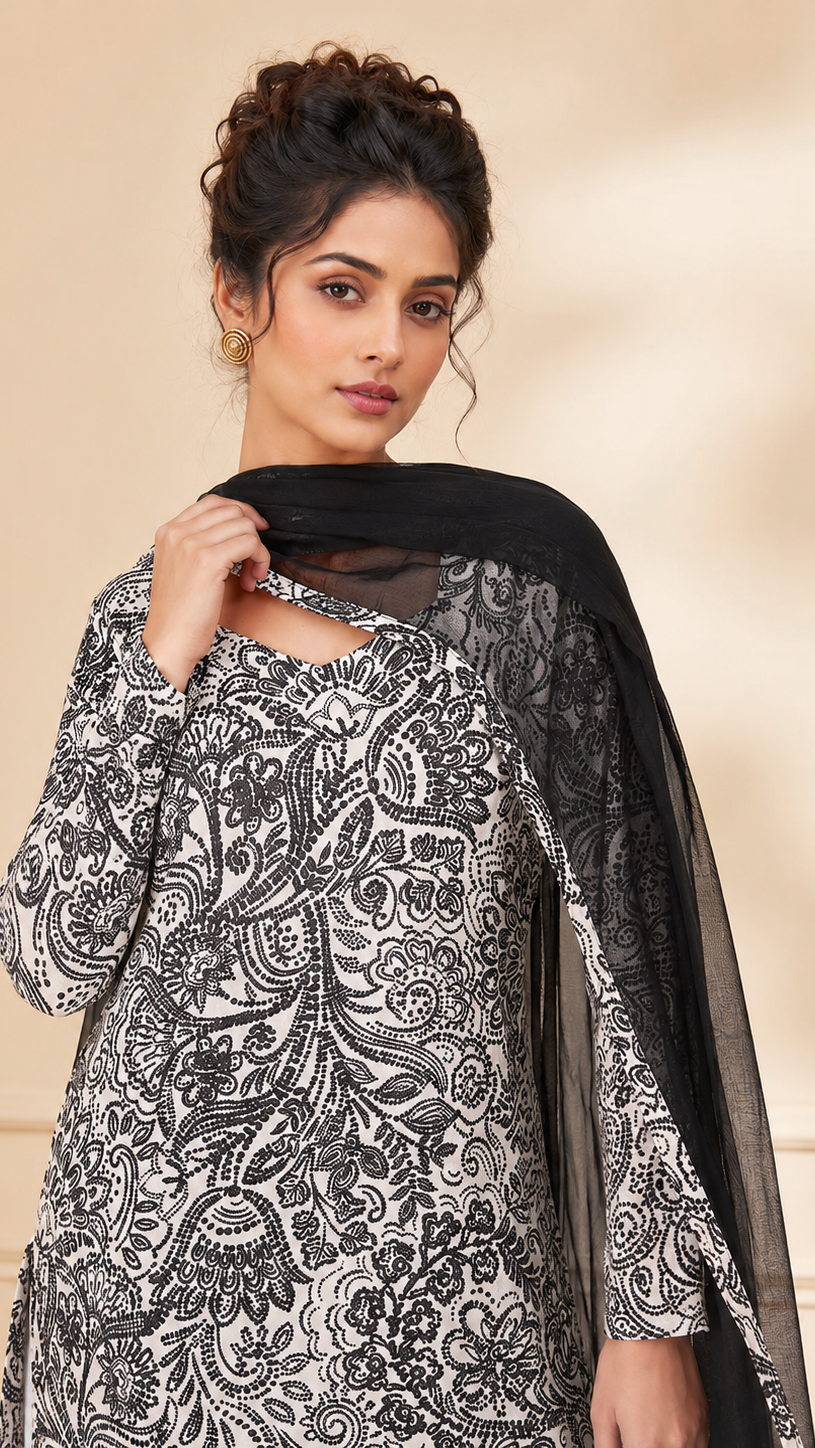 Black and white paisley printed salwar kameez suit with white trousers and black dupatta, modest Asian wear by Diya Online