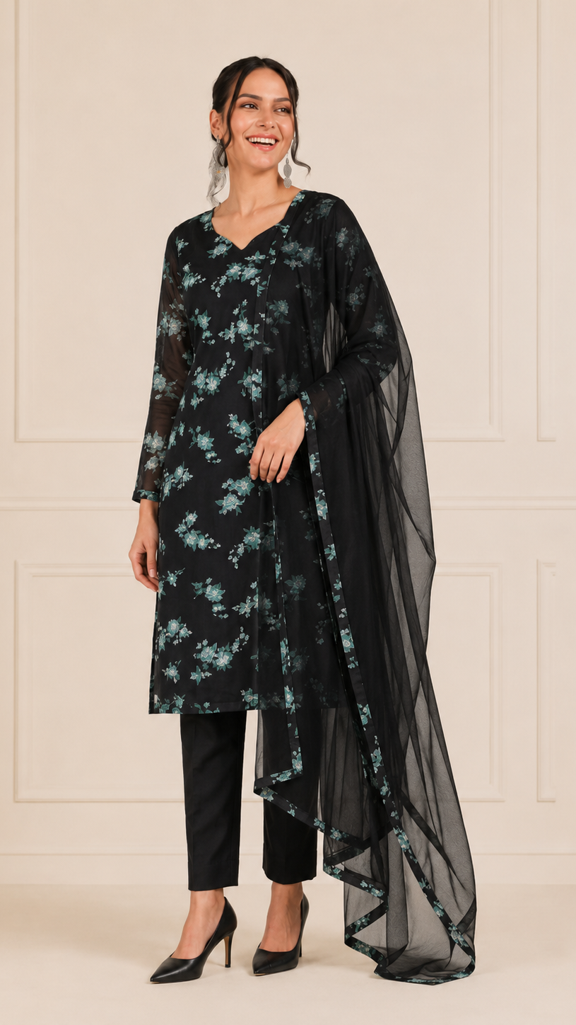 Black women’s floral salwar kameez suit with matching trousers and sheer black dupatta, modest Asian ethnic wear by Diya Online