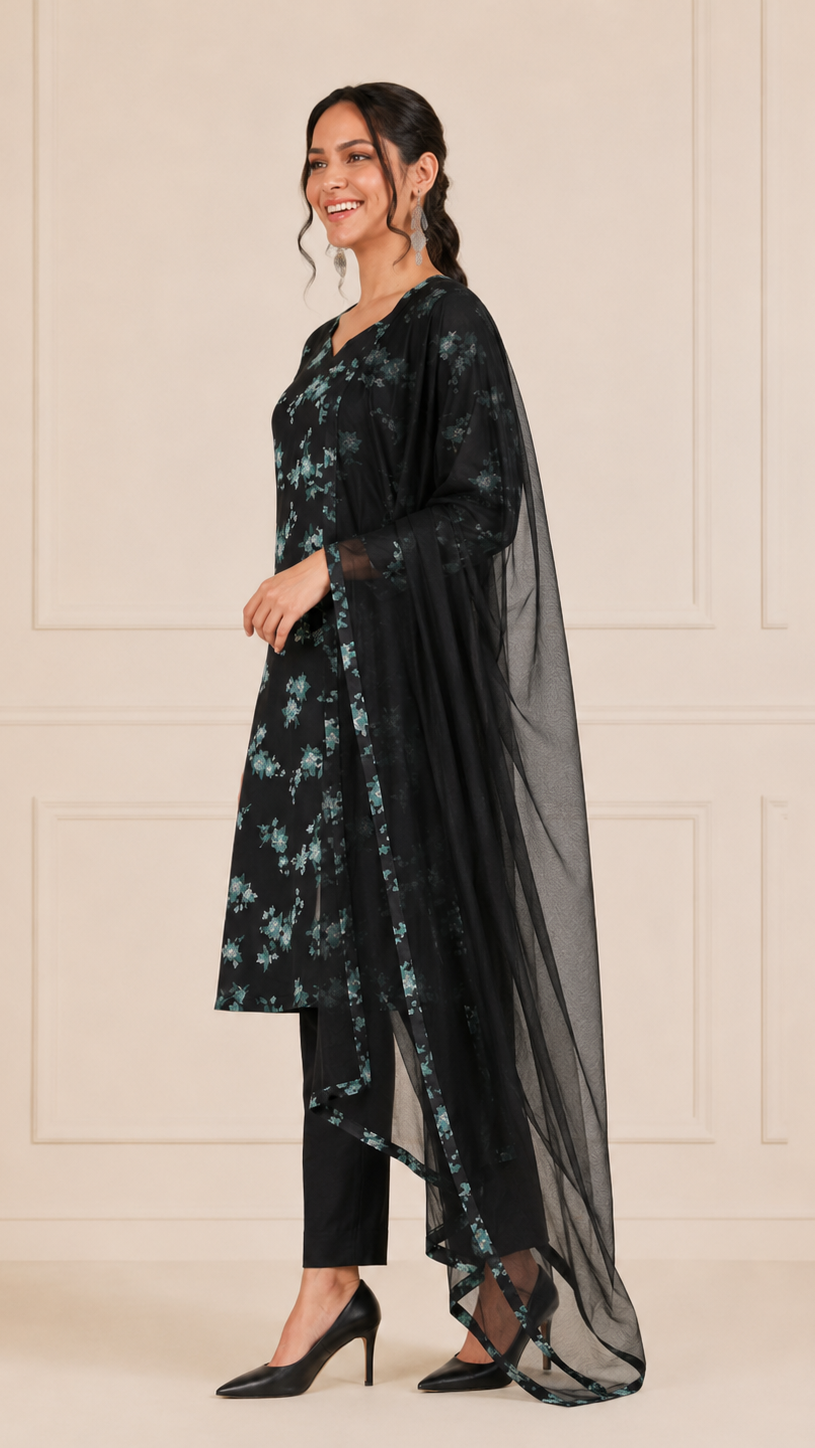 Black women’s floral salwar kameez suit with matching trousers and sheer black dupatta, modest Asian ethnic wear by Diya Online