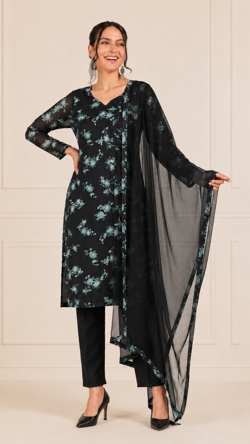 Black women’s floral salwar kameez suit with matching trousers and sheer black dupatta, modest Asian ethnic wear by Diya Online