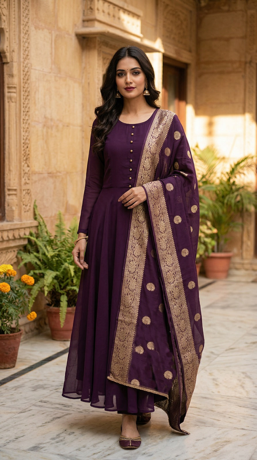 Purple Georgette Bias Cut Suit Set
