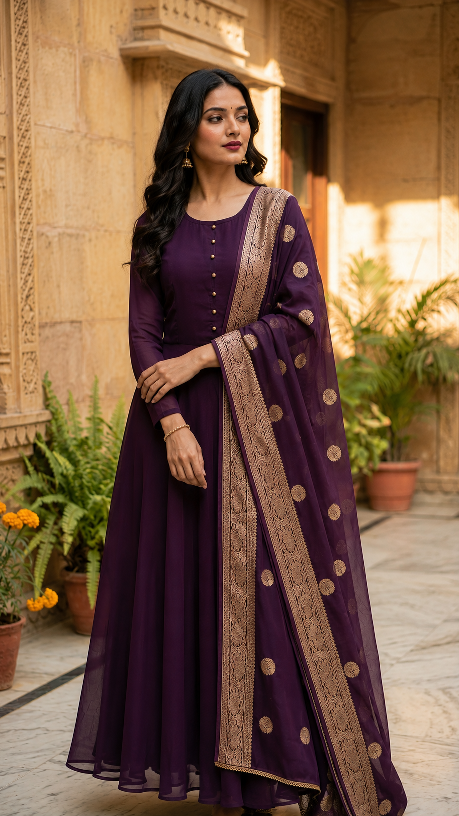 Diya Online designer purple Anarkali dress for women with gold border dupatta, premium Indian ethnic wear, wedding guest outfit, festive party wear, and traditional celebration attire.