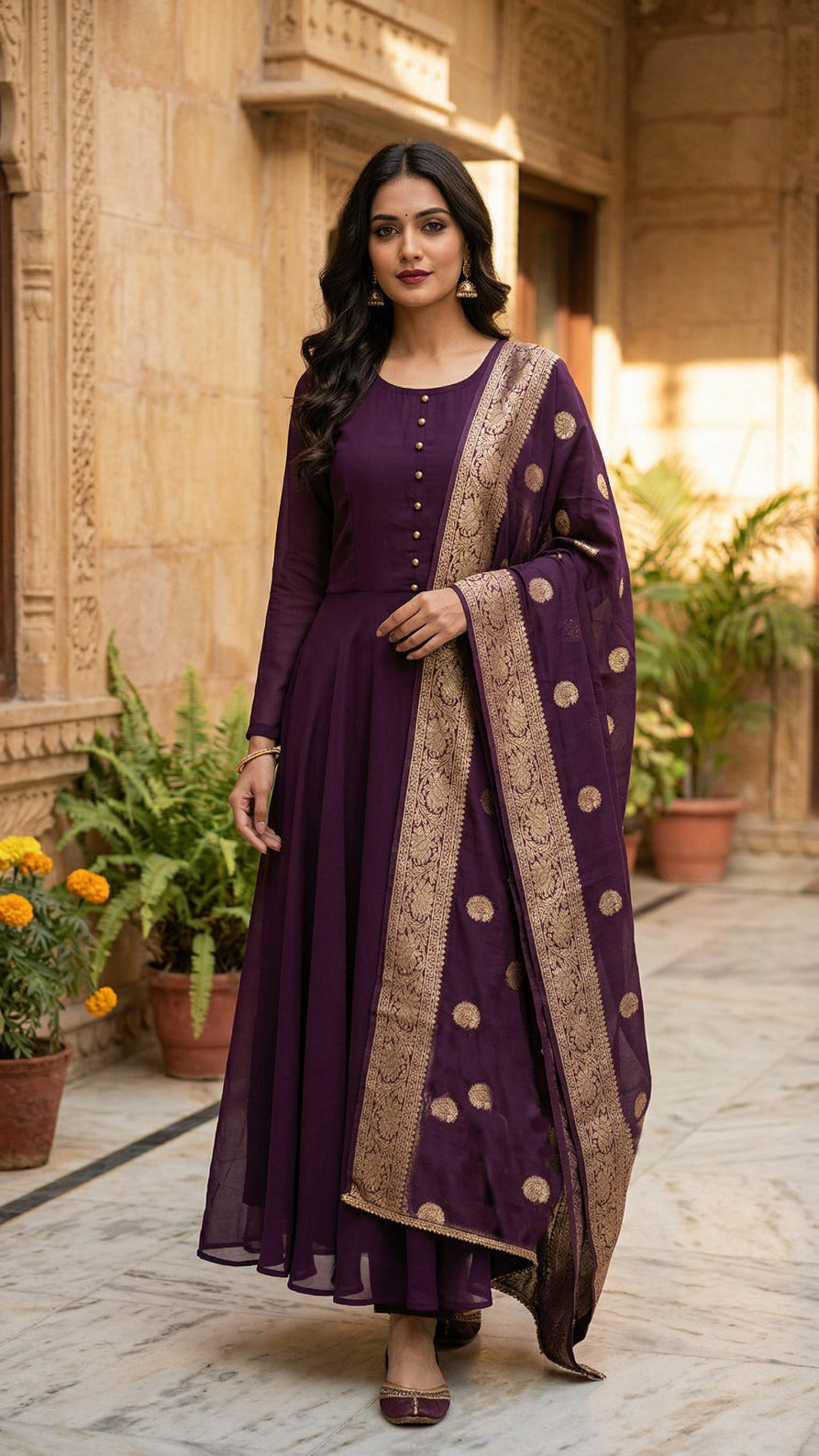Diya Online designer purple Anarkali dress for women with gold border dupatta, premium Indian ethnic wear, wedding guest outfit, festive party wear, and traditional celebration attire.