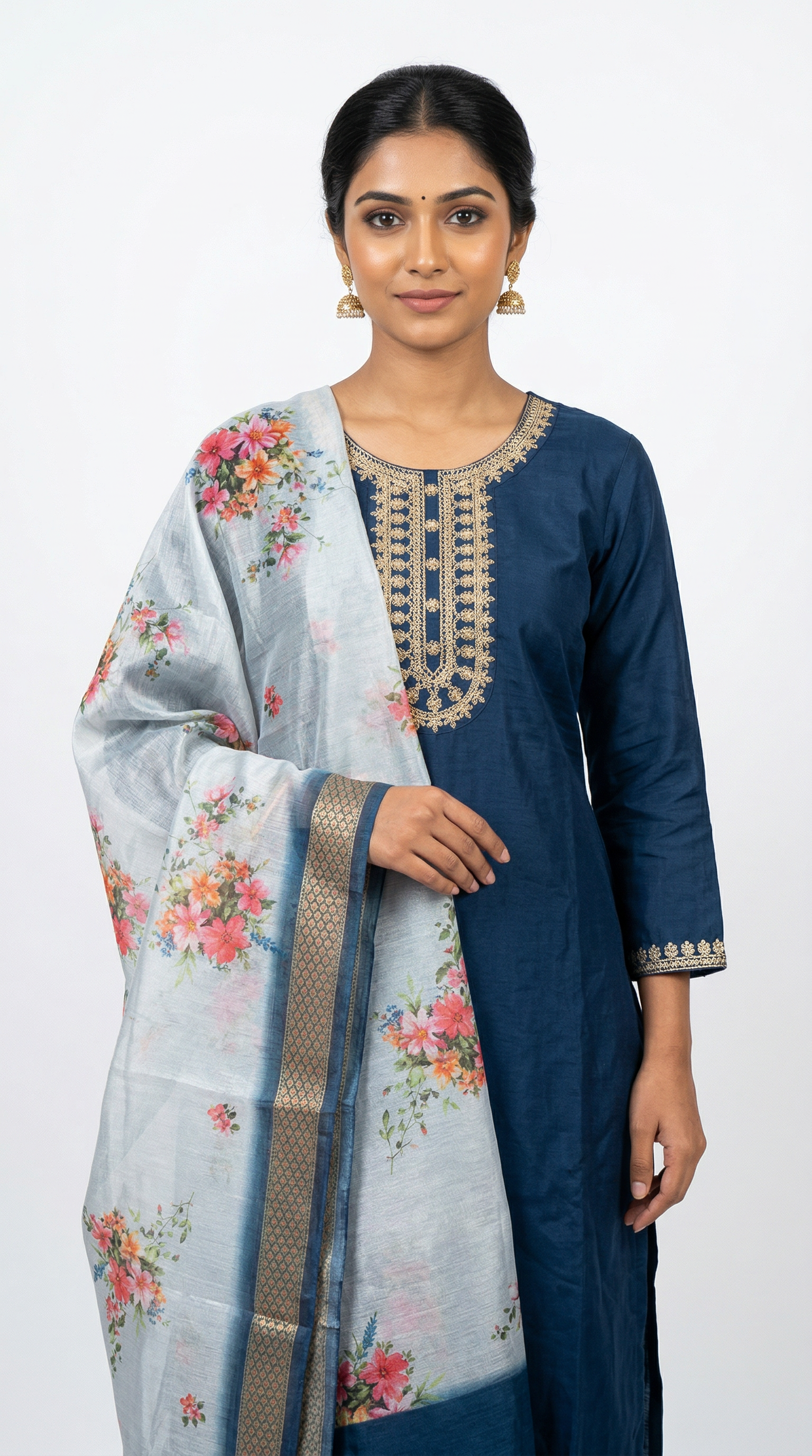 Blue Rayon Zari Embroidered Suit Set with Printed Chiffon Dupatta