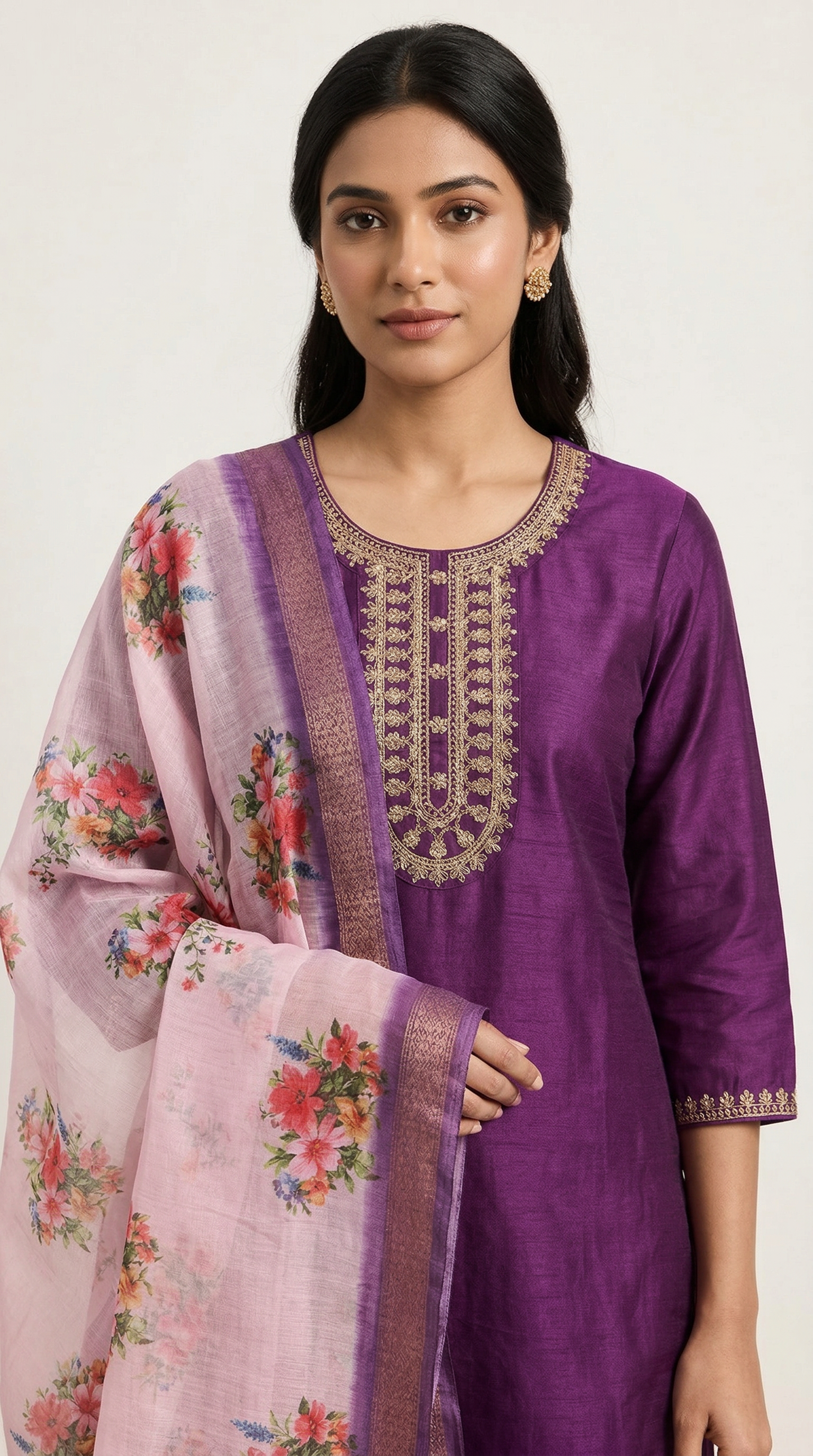 Purple Rayon Zari Embroidered Suit Set with Printed Chiffon Dupatta