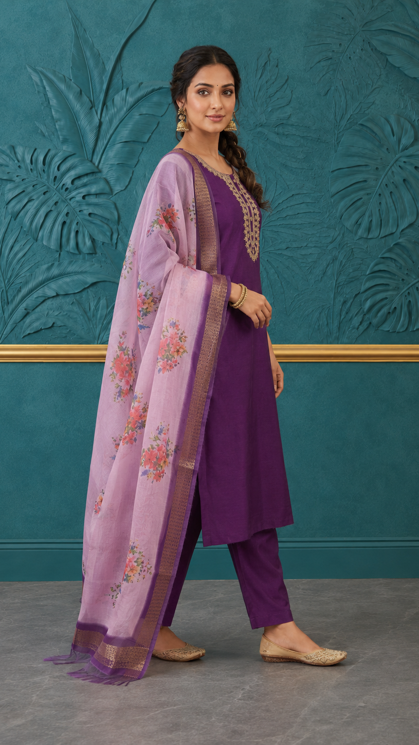 Purple women’s embroidered salwar kameez suit with matching trousers and pink floral dupatta, elegant Asian ethnic wear by Diya Online