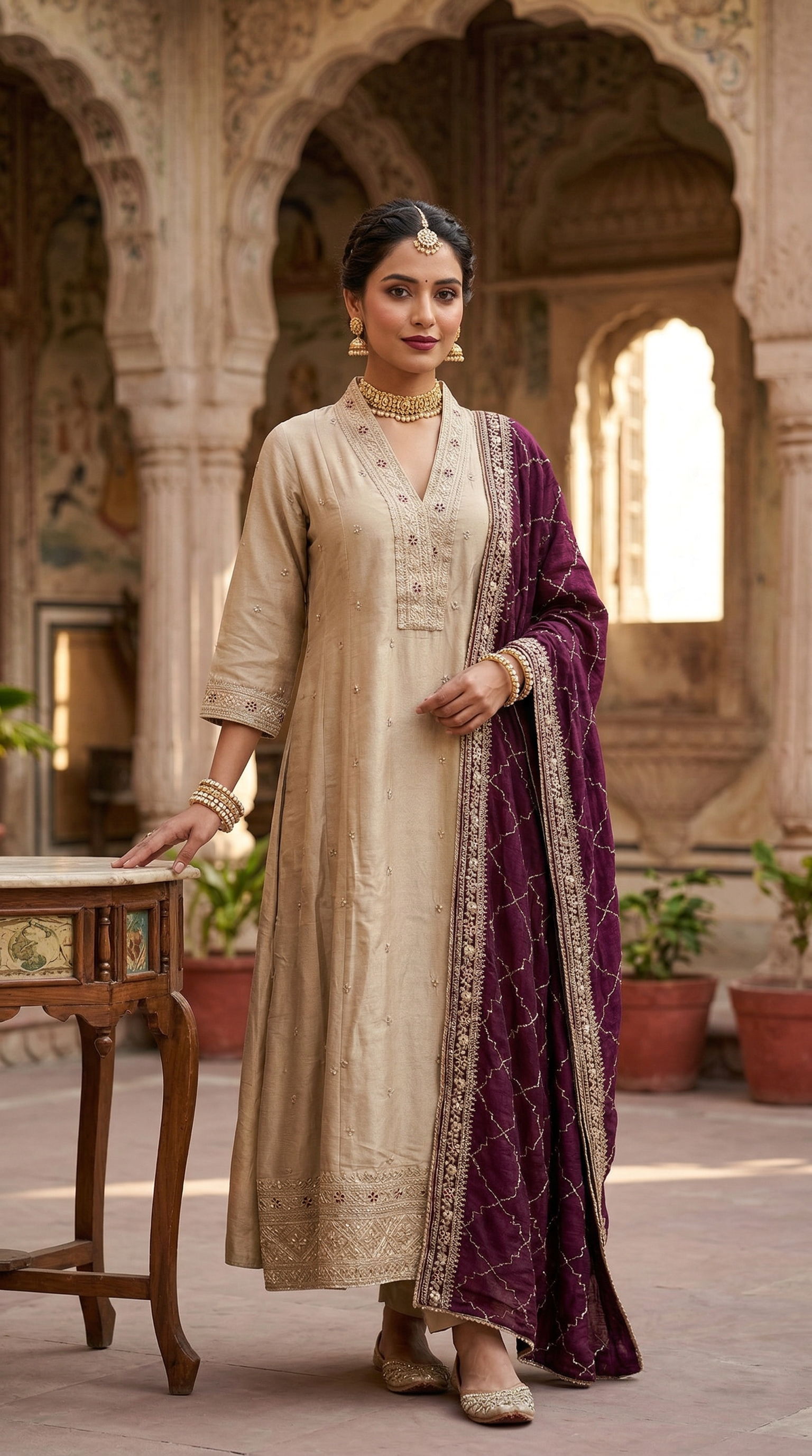 Mouse Brown Vichitra Georgette Thread Embroidered A-Line Suit Set