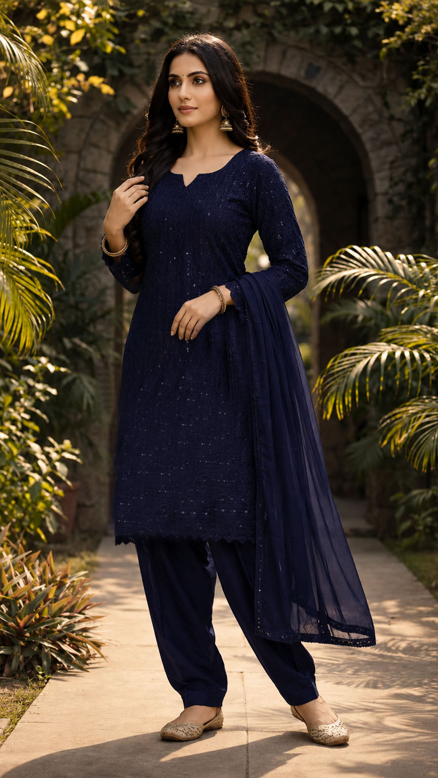 Navy blue women’s embroidered salwar kameez suit with matching salwar trousers and chiffon dupatta, elegant Asian ethnic wear by Diya Online