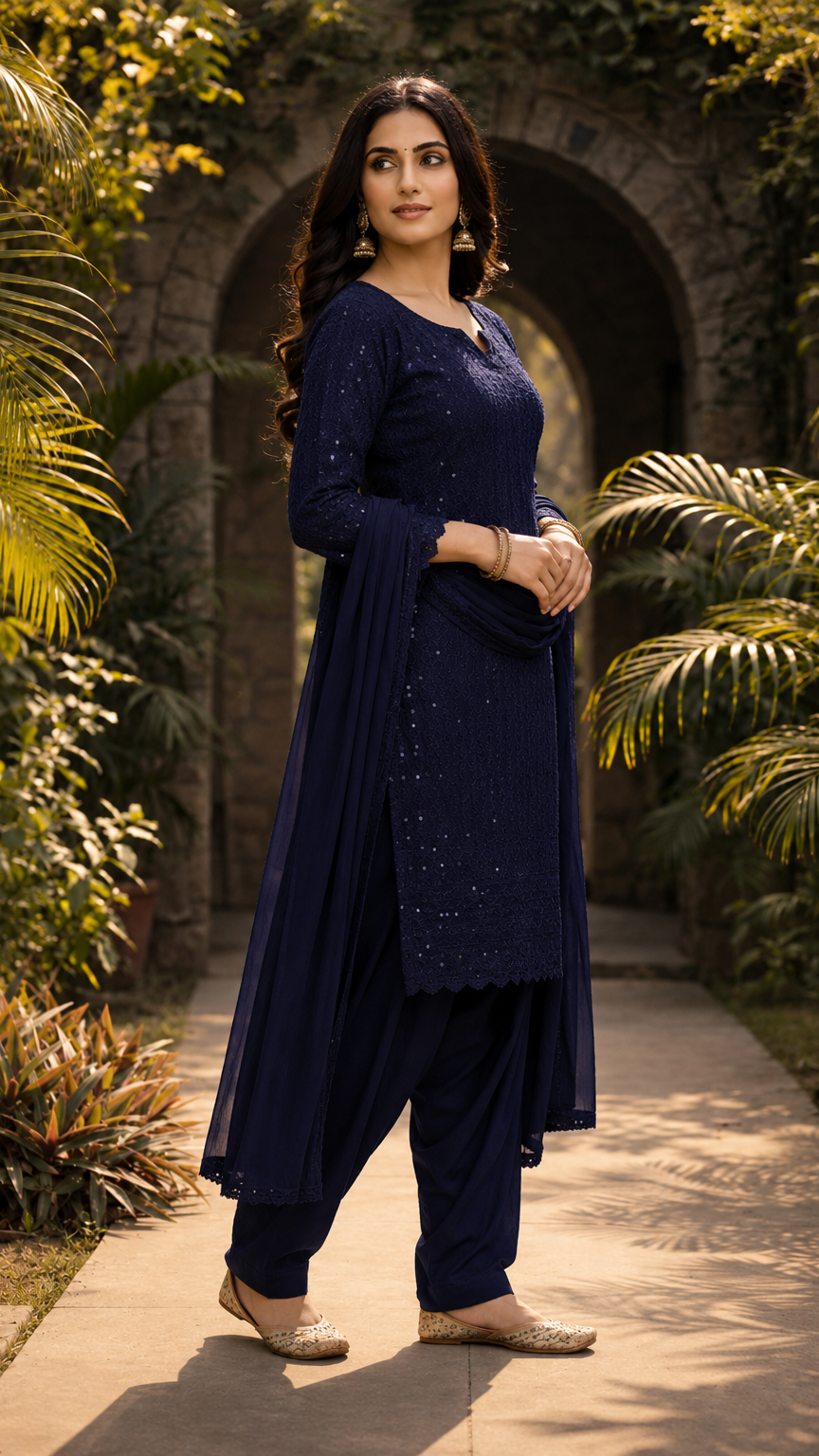 Navy blue women’s embroidered salwar kameez suit with matching salwar trousers and chiffon dupatta, elegant Asian ethnic wear by Diya Online