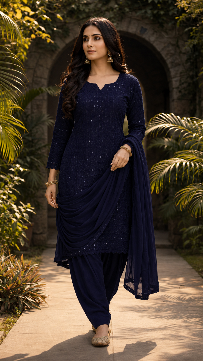 Navy blue women’s embroidered salwar kameez suit with matching salwar trousers and chiffon dupatta, elegant Asian ethnic wear by Diya Online