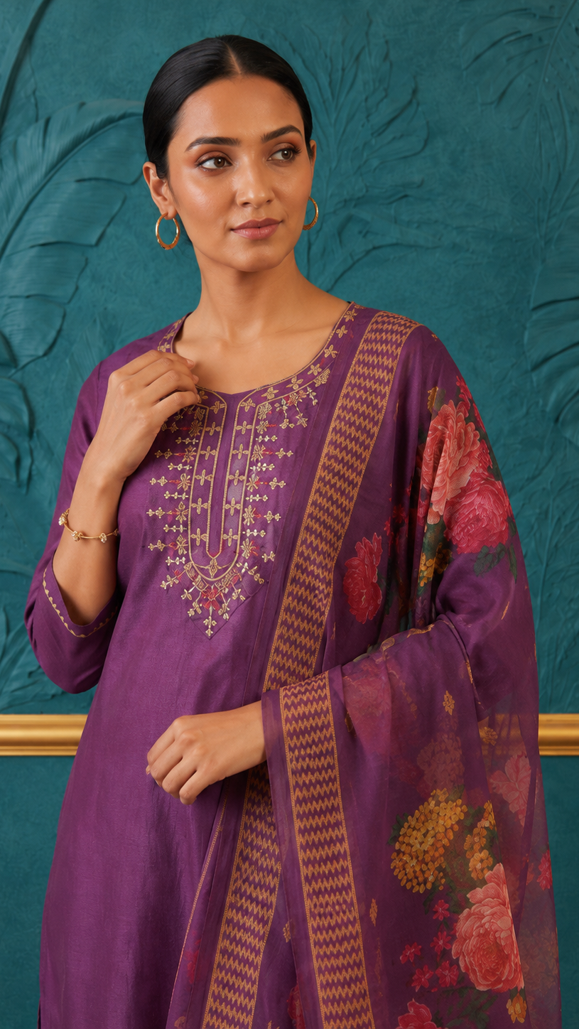 Purple women’s embroidered salwar kameez suit with matching trousers and floral printed dupatta, modest Asian ethnic wear by Diya Online