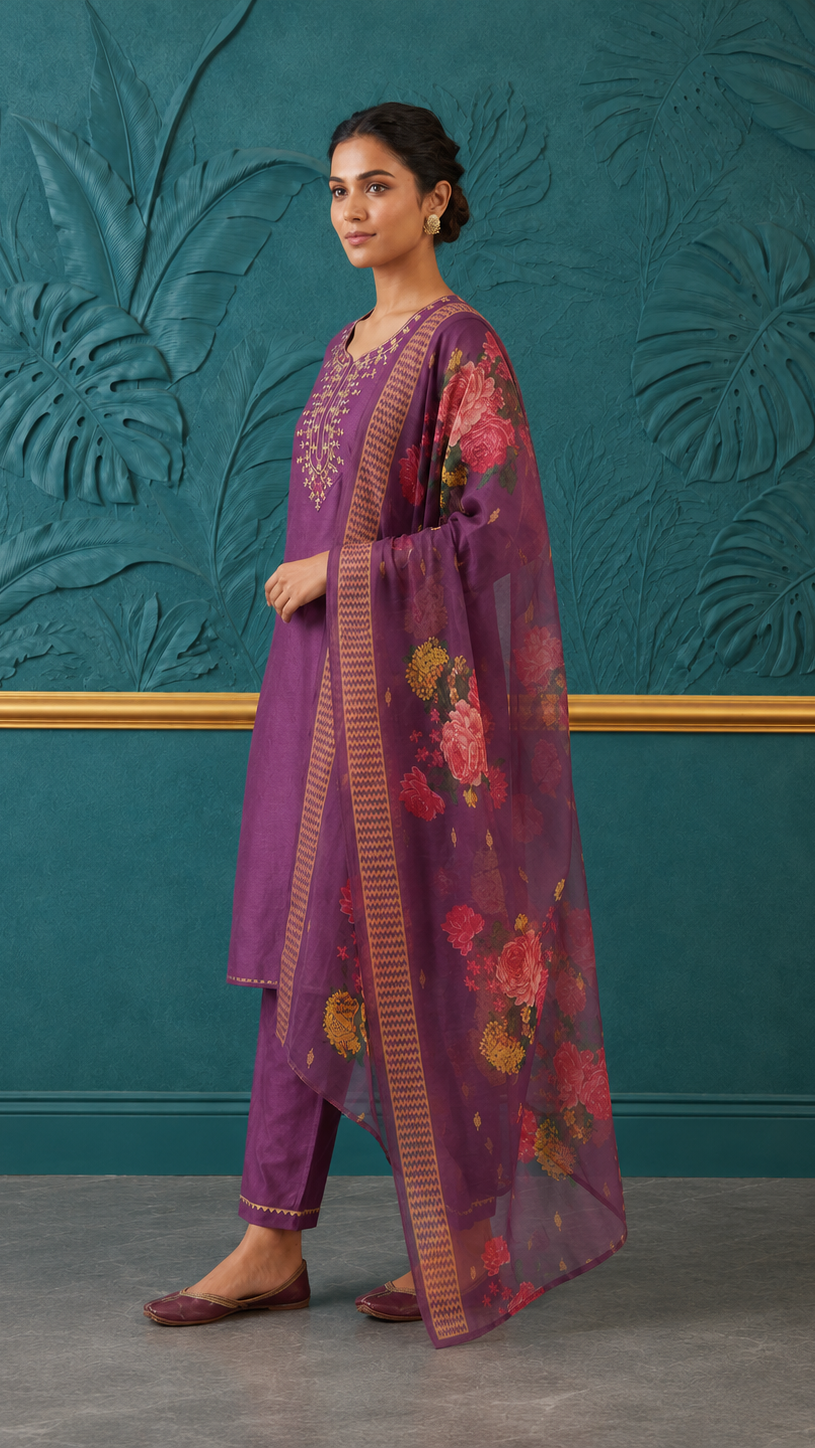 Purple women’s embroidered salwar kameez suit with matching trousers and floral printed dupatta, modest Asian ethnic wear by Diya Online