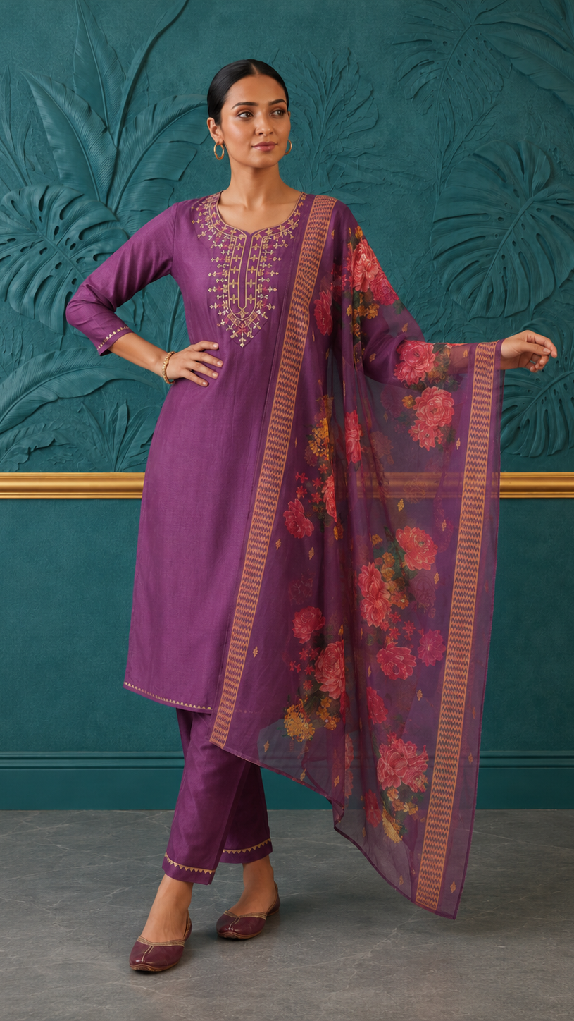 Purple women’s embroidered salwar kameez suit with matching trousers and floral printed dupatta, modest Asian ethnic wear by Diya Online
