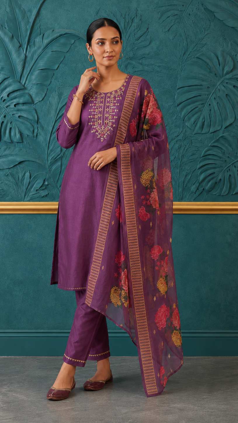 Purple women’s embroidered salwar kameez suit with matching trousers and floral printed dupatta, modest Asian ethnic wear by Diya Online