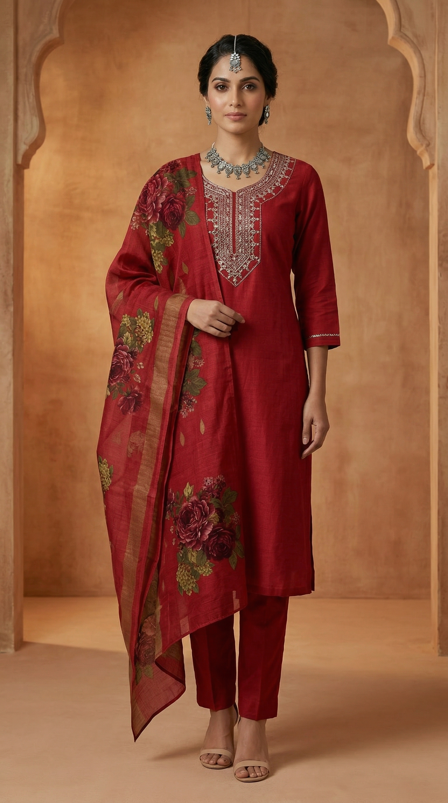 Maroon Rayon Zari Embroidered Suit Set