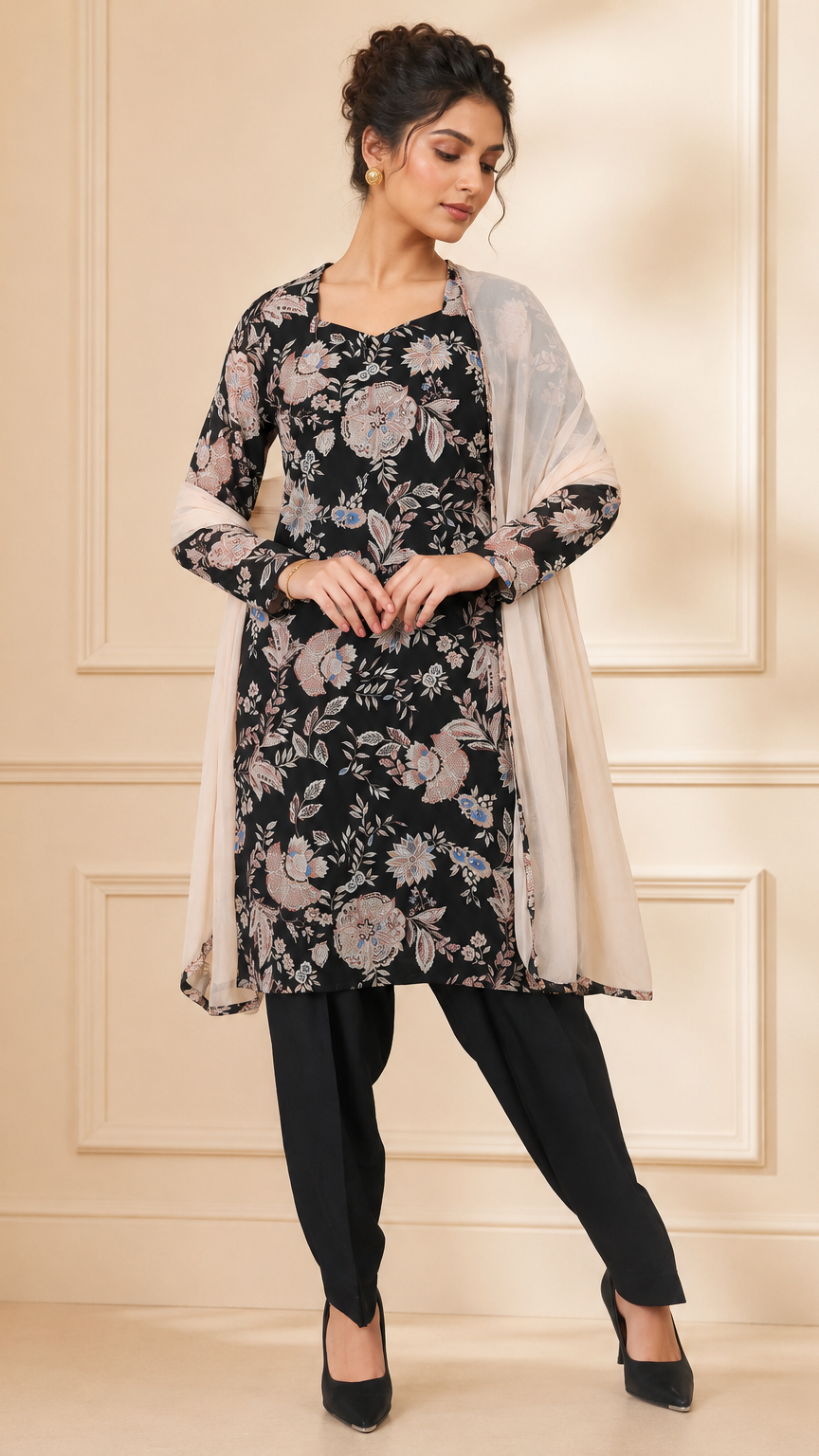 Black women’s floral salwar kameez suit with matching trousers and cream chiffon dupatta, modest Asian ethnic wear by Diya Online
