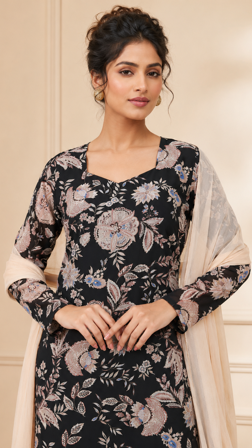 Black women’s floral salwar kameez suit with matching trousers and cream chiffon dupatta, modest Asian ethnic wear by Diya Online