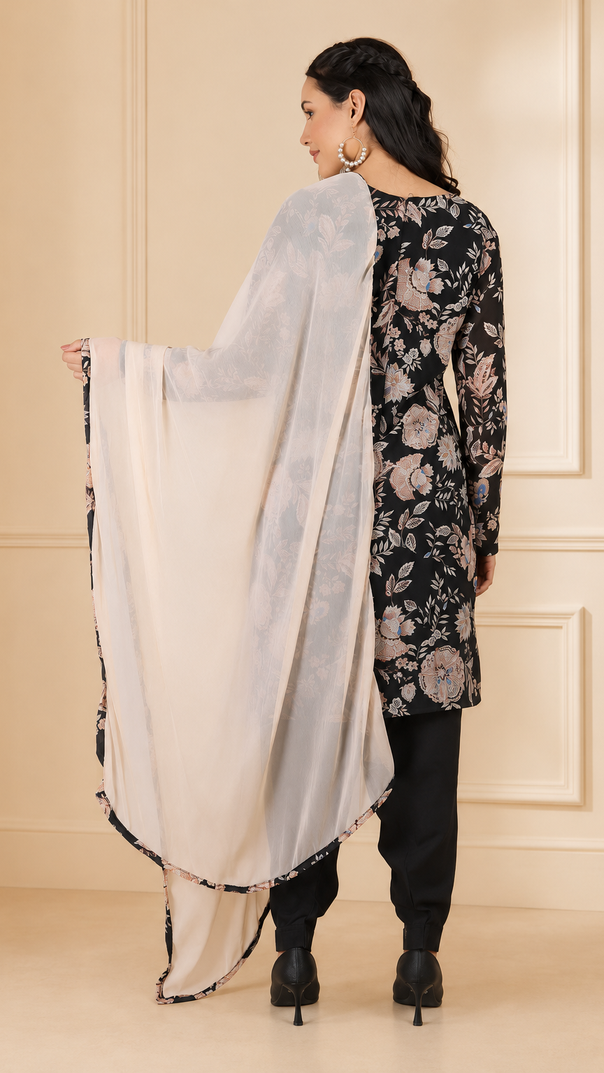 Black women’s floral salwar kameez suit with matching trousers and cream chiffon dupatta, modest Asian ethnic wear by Diya Online