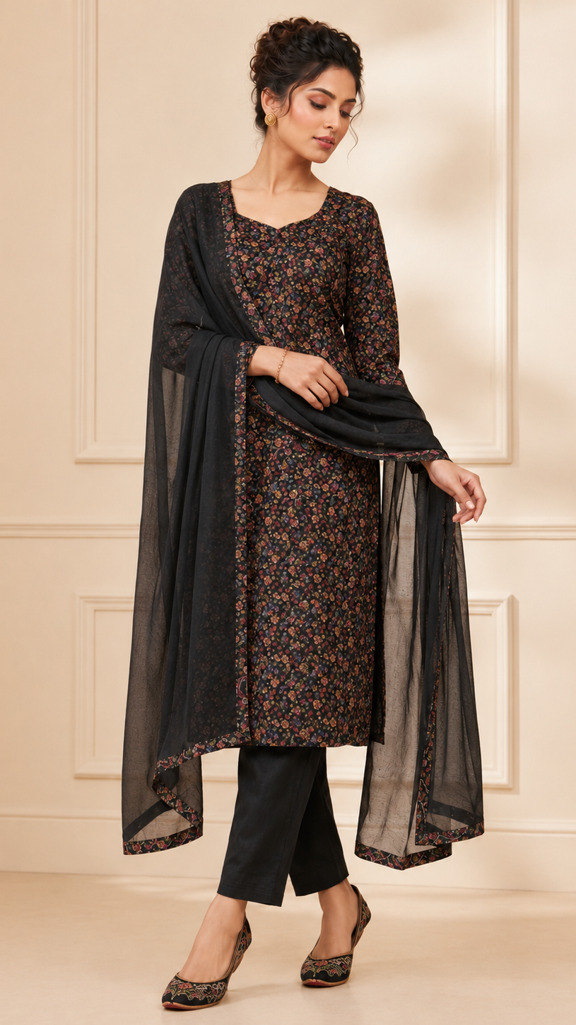 Black women’s floral salwar kameez suit with matching trousers and sheer black dupatta, modest Asian ethnic wear by Diya Online