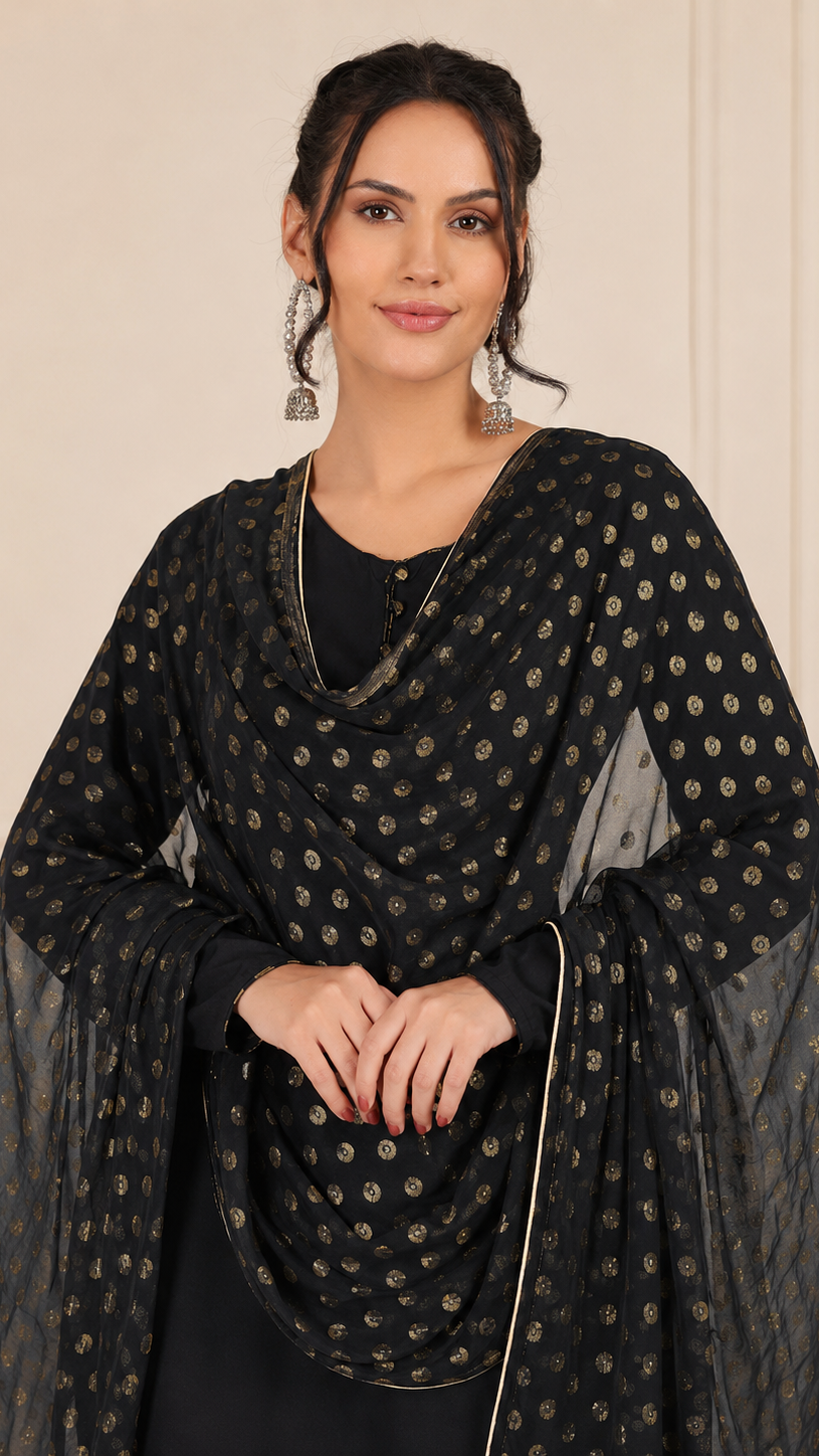 Black women’s salwar kameez suit with matching trousers and gold polka dot chiffon dupatta, modest Asian wear by Diya Online