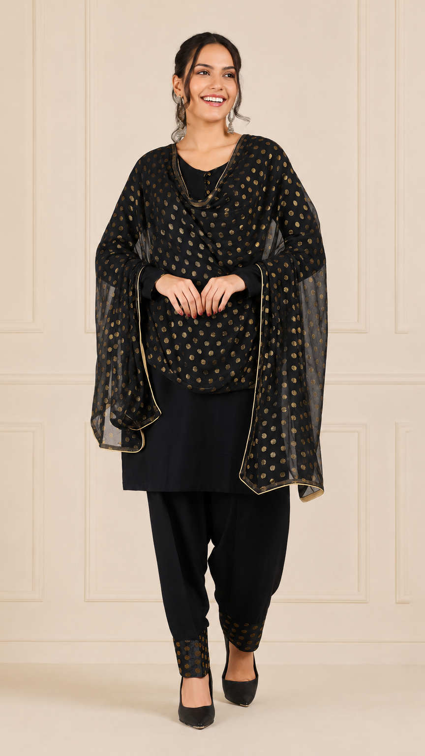Black women’s salwar kameez suit with matching trousers and gold polka dot chiffon dupatta, modest Asian wear by Diya Online