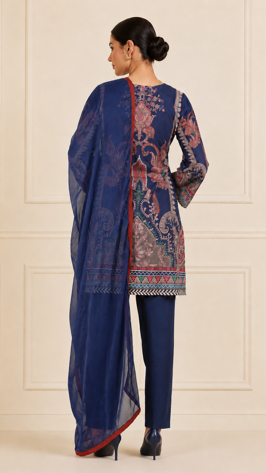 Navy blue women’s paisley printed salwar kameez suit with matching trousers and sheer dupatta, modest Asian ethnic wear by Diya Online