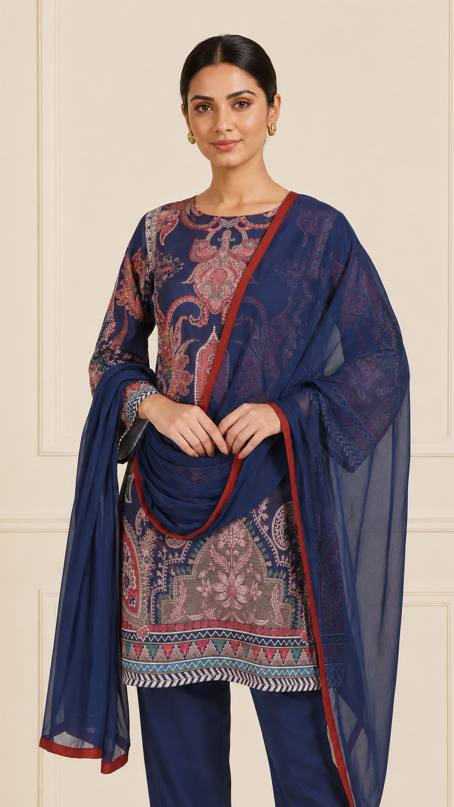 Navy blue women’s paisley printed salwar kameez suit with matching trousers and sheer dupatta, modest Asian ethnic wear by Diya Online